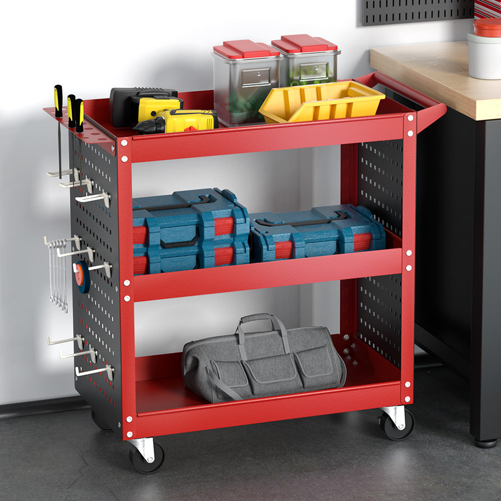Utility Trolleys: Giantz 3-Tier Tool Cart Storage Trolley Workshop Garage Pegboard Hooks Red