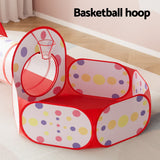 Keezi Kids Playhouse Play Tent Pop Up Teepee Ball Pit Tunnel Basketball Hoop Red