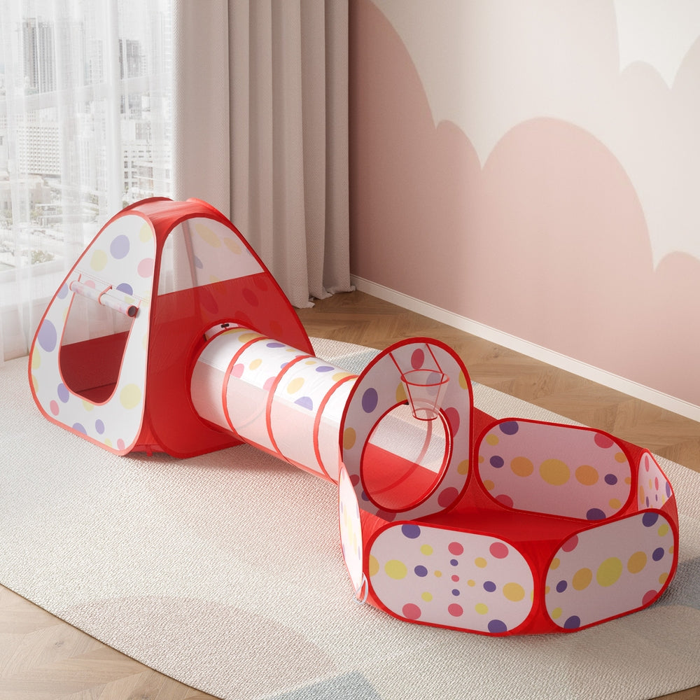 Pretend Play: Keezi Kids Playhouse Play Tent Pop Up Teepee Ball Pit Tunnel Basketball Hoop Red