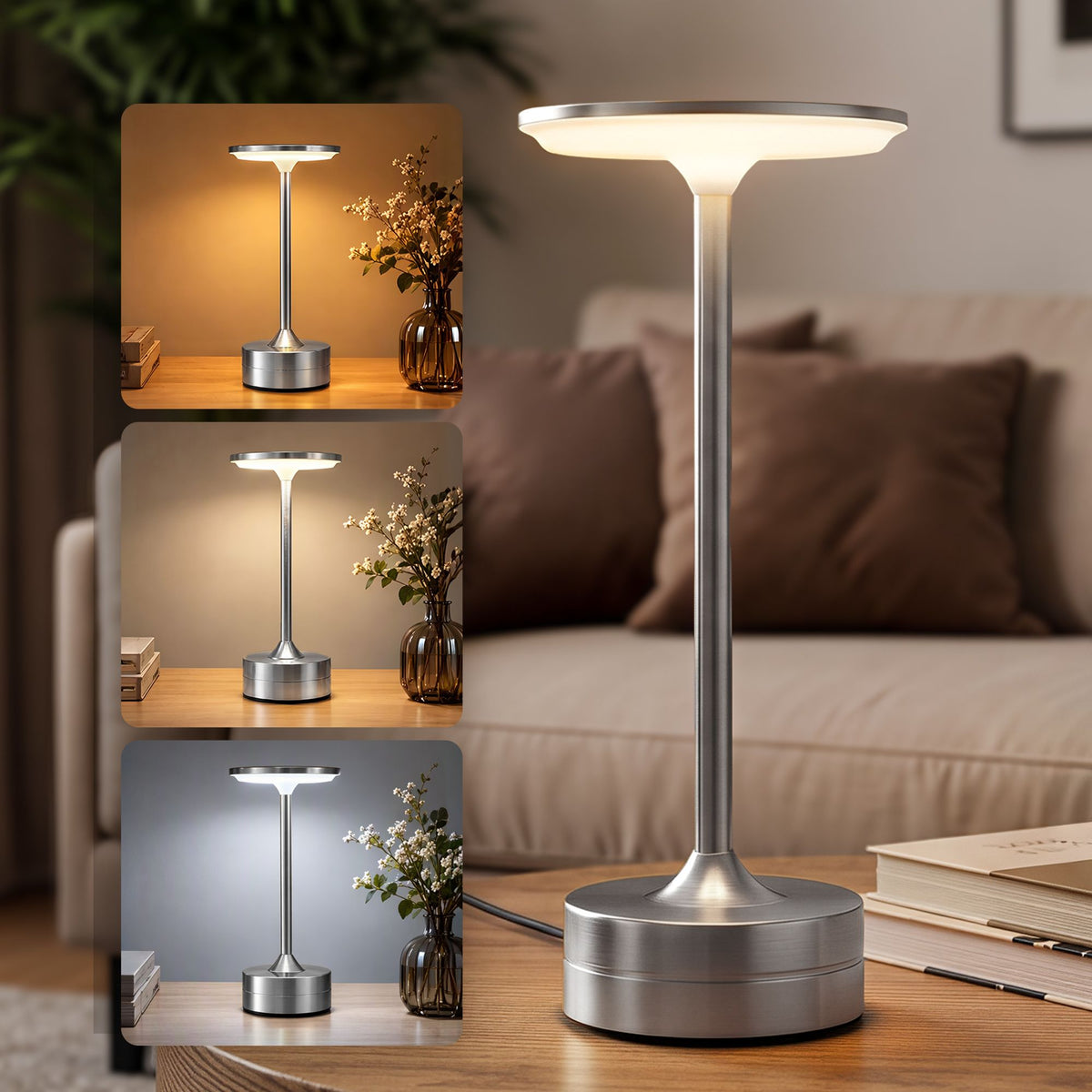 Artiss Silver Touch Table Lamp, Warm to Cool White LED, Dimmable 3000-6000K 24 LEDs, Type-C