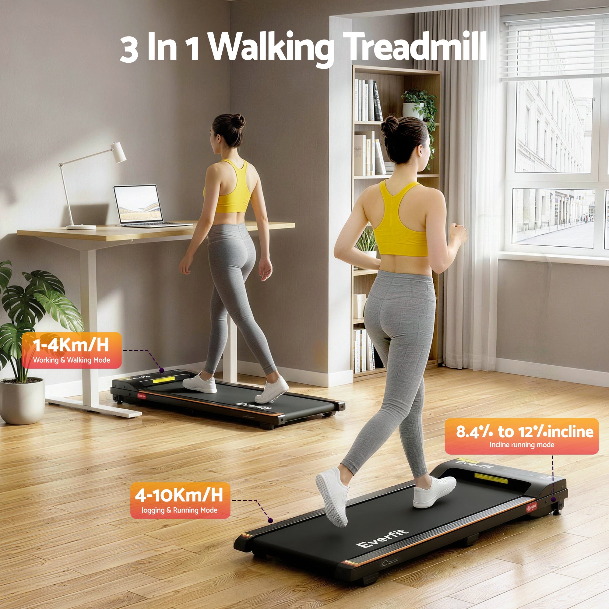 Treadmills: Everfit 3 in 1 Walking Pad Treadmill 12% Incline Under Desk Treadmills for Home Gym With 38cm Wide Belt