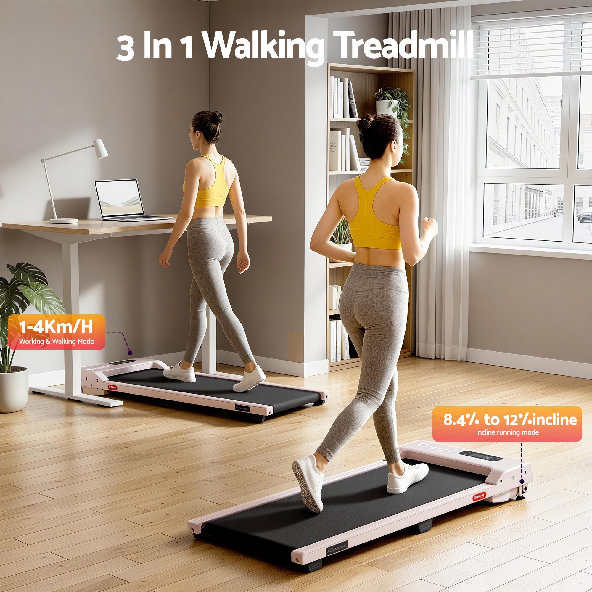 Everfit 3 in 1 Walking Pad Treadmill 12% Incline Under Desk Treadmills for Home Gym With 38cm Wide Belt Pink