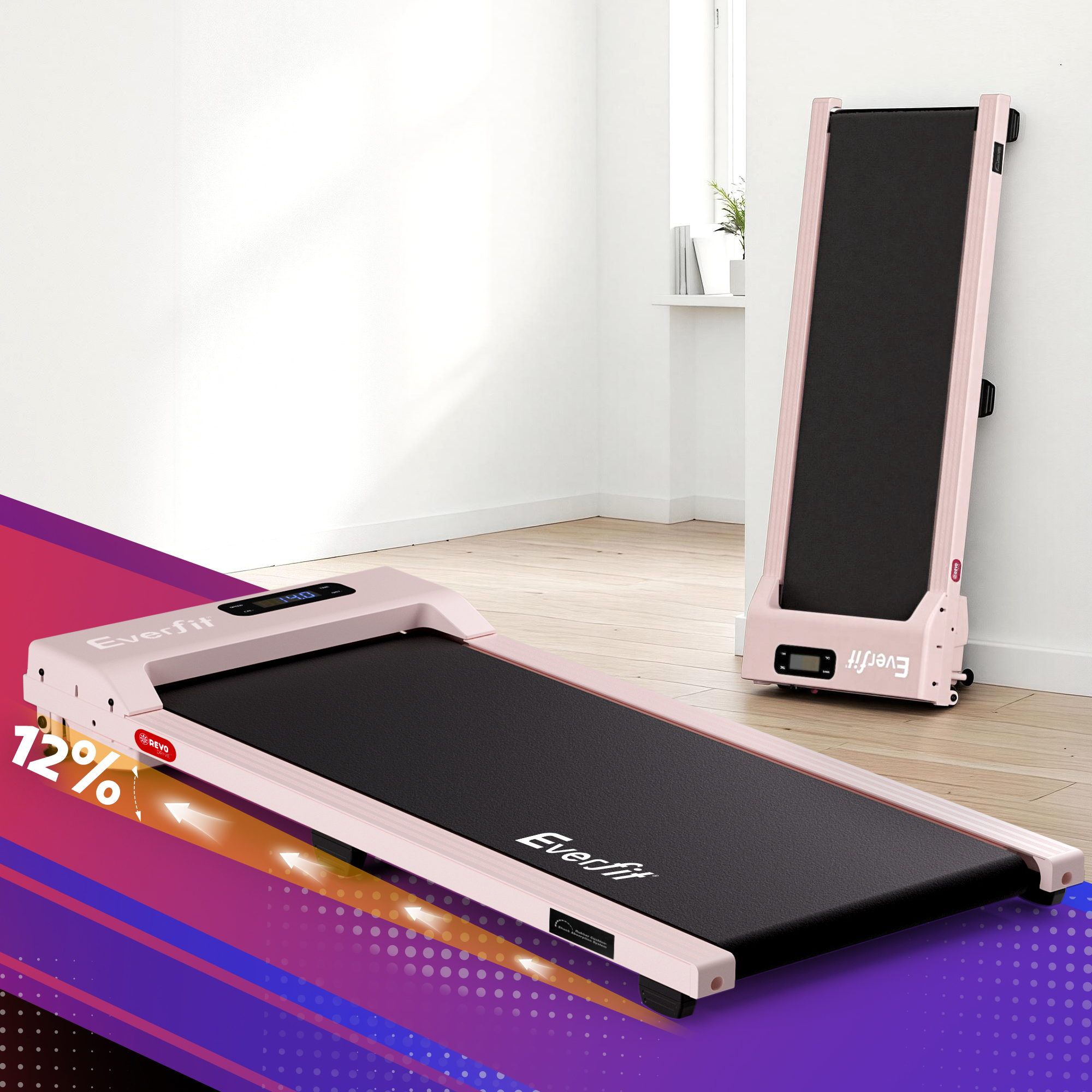Everfit 3 in 1 Walking Pad Treadmill 12% Incline Under Desk Treadmills for Home Gym With 38cm Wide Belt Pink