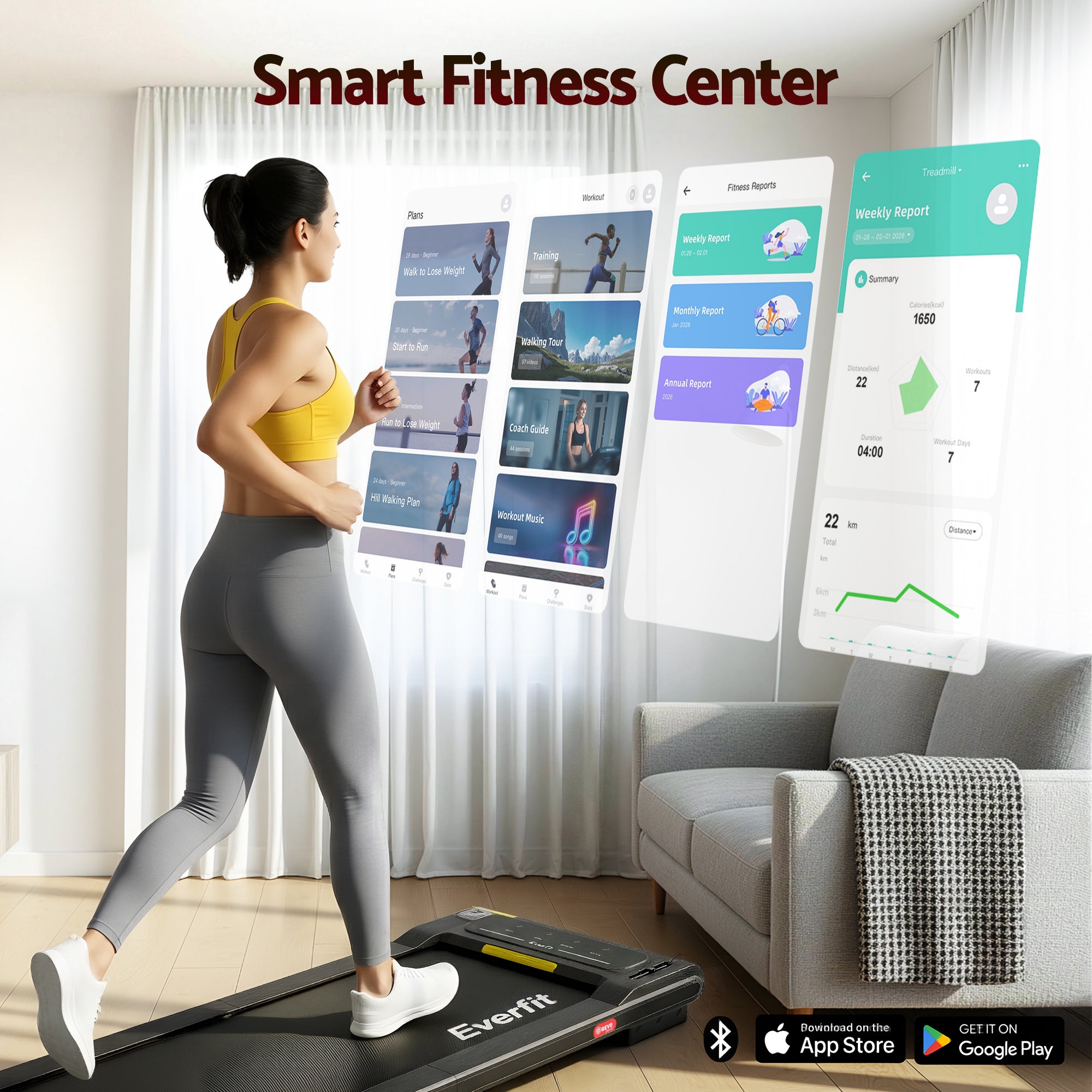 Treadmills: Everfit Walking Pad Treadmill 2 in 1 Foldable Under Desk for Home Gym With 38cm Belt With APP