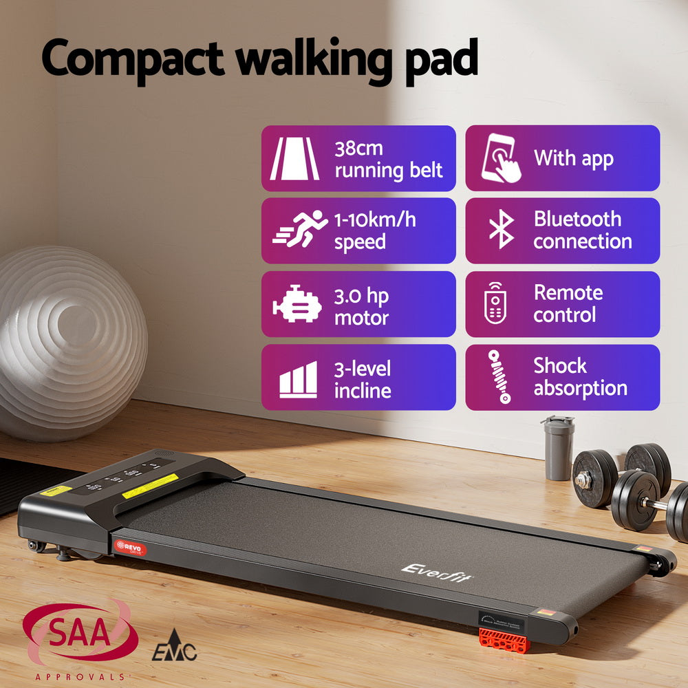 Treadmills: Everfit Treadmill Electric Walking Pad Incline Under Desk Home Gym 380mm Black
