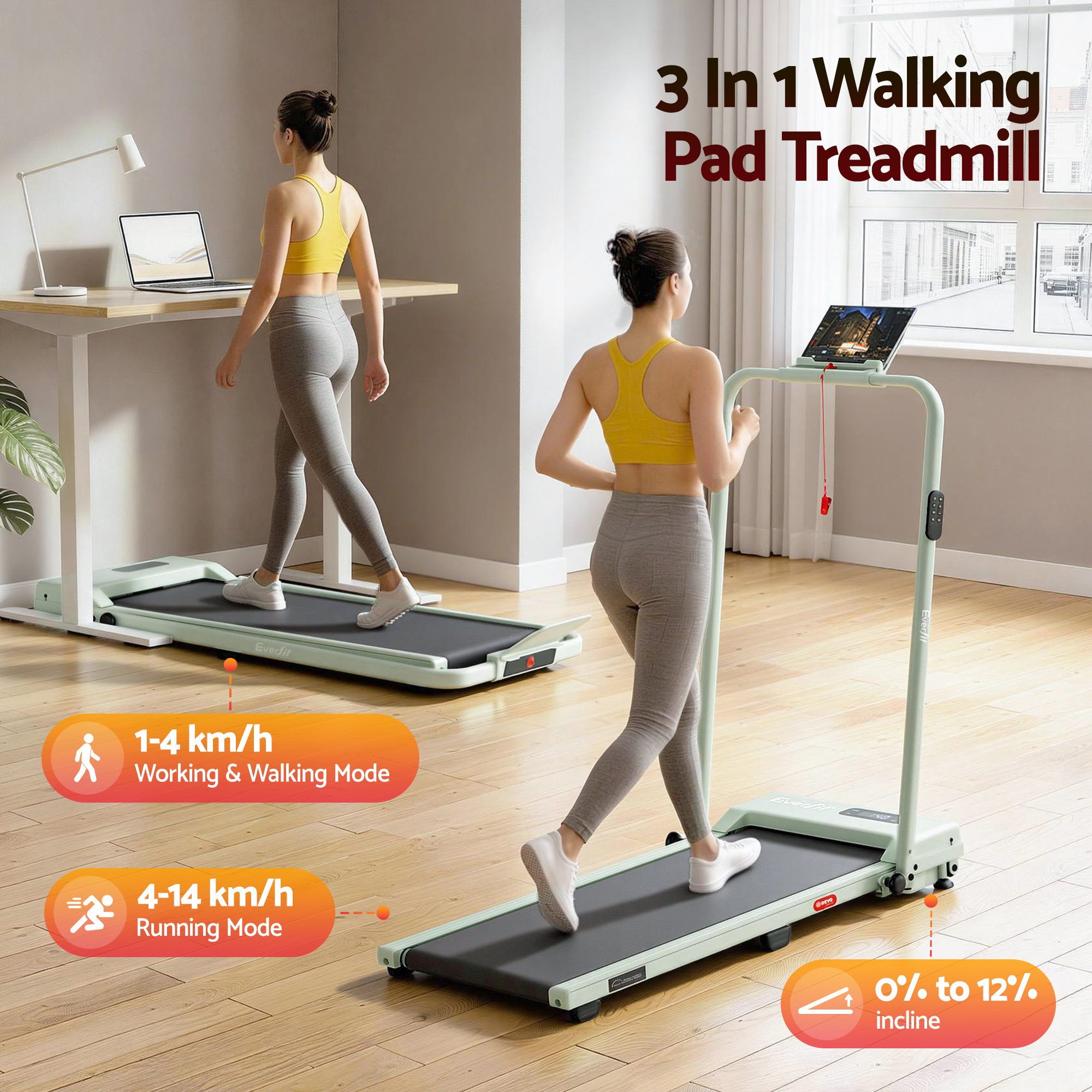 Everfit 3 in 1 Walking Pad Treadmill 12% Incline Under Desk Foldable Treadmills for Home Gym With 38cm Wide Belt APP Control