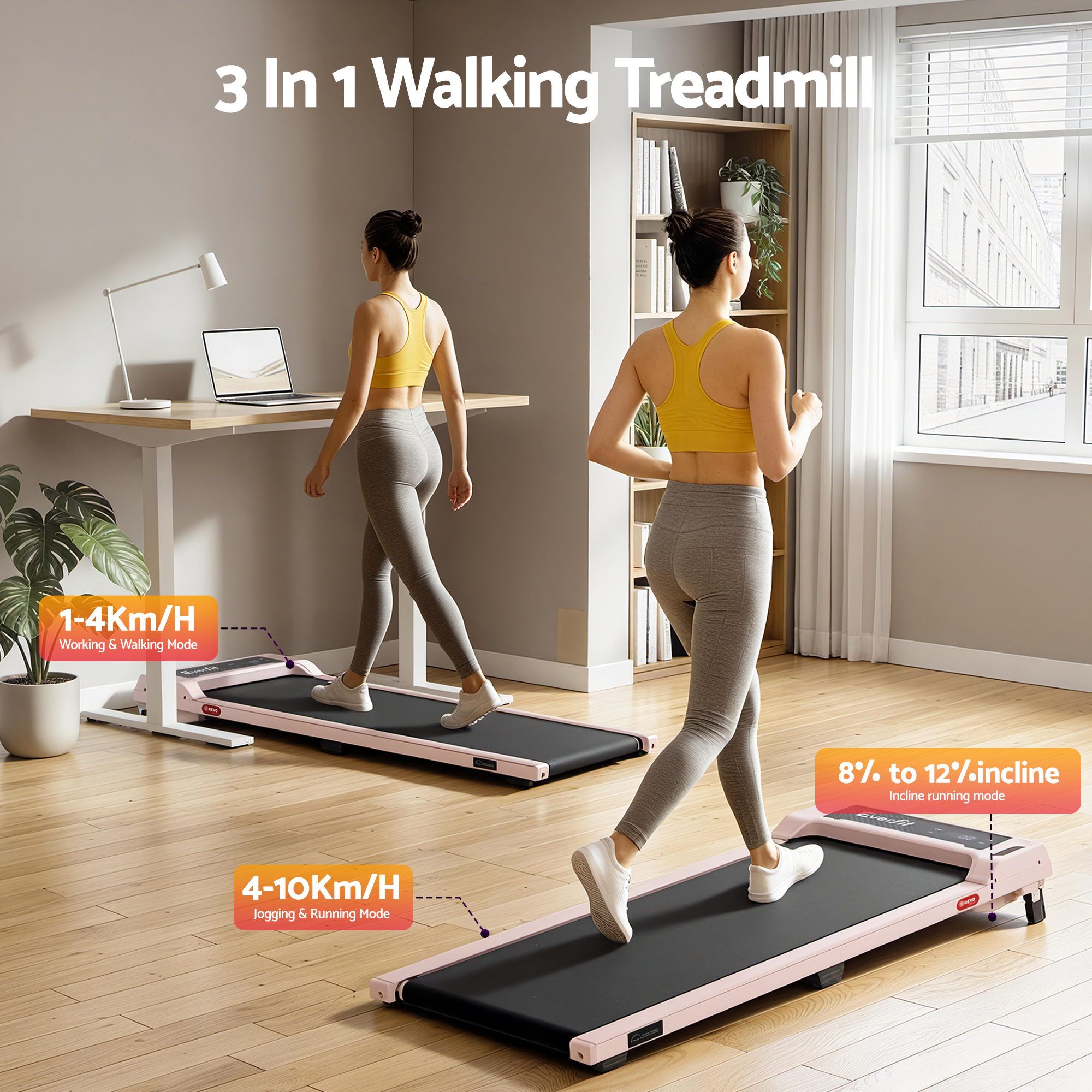 Everfit 3 in 1 Walking Pad Treadmill 12% Incline Under Desk Treadmills for Home Gym With 40cm Wide Belt Pink