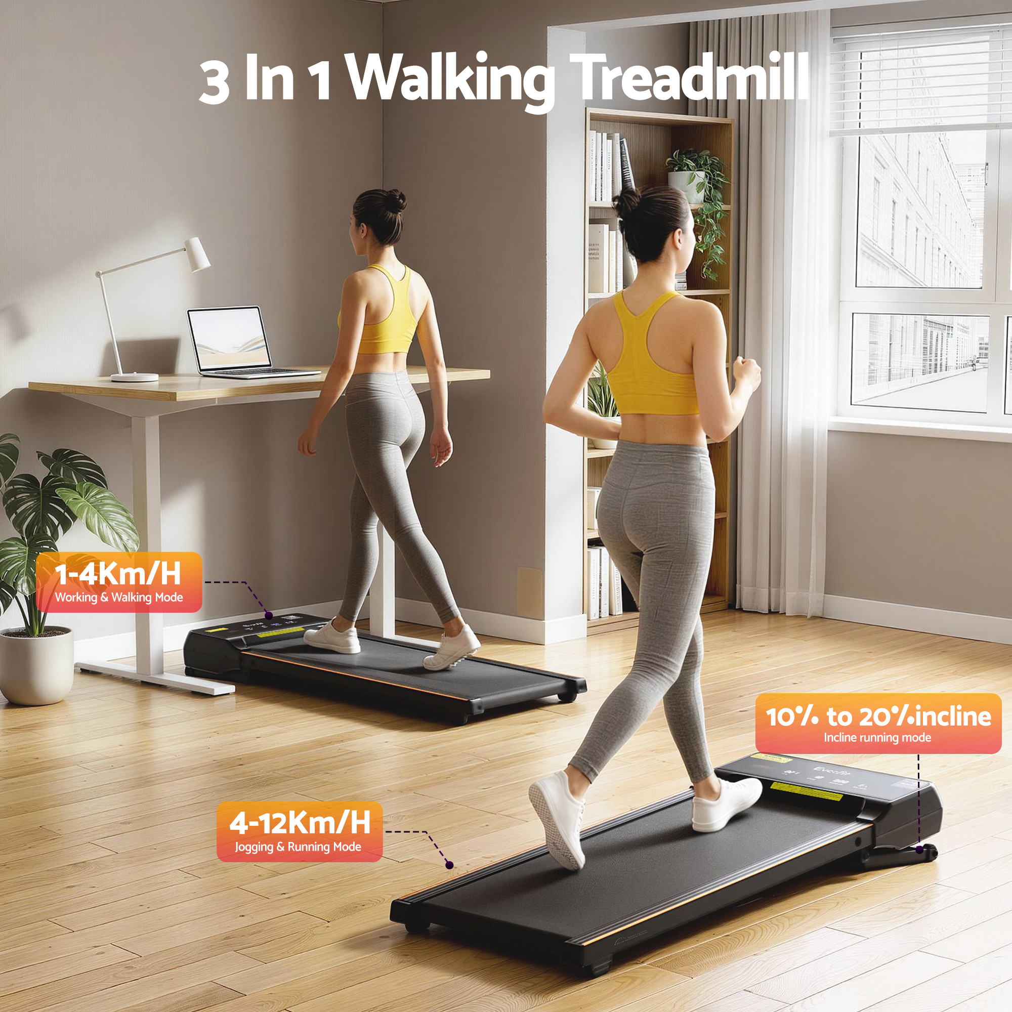 Treadmills: Everfit 3 in 1 Walking Pad Treadmill 20% Auto Incline Under Desk Treadmills for Home Gym With 40cm Wide Belt