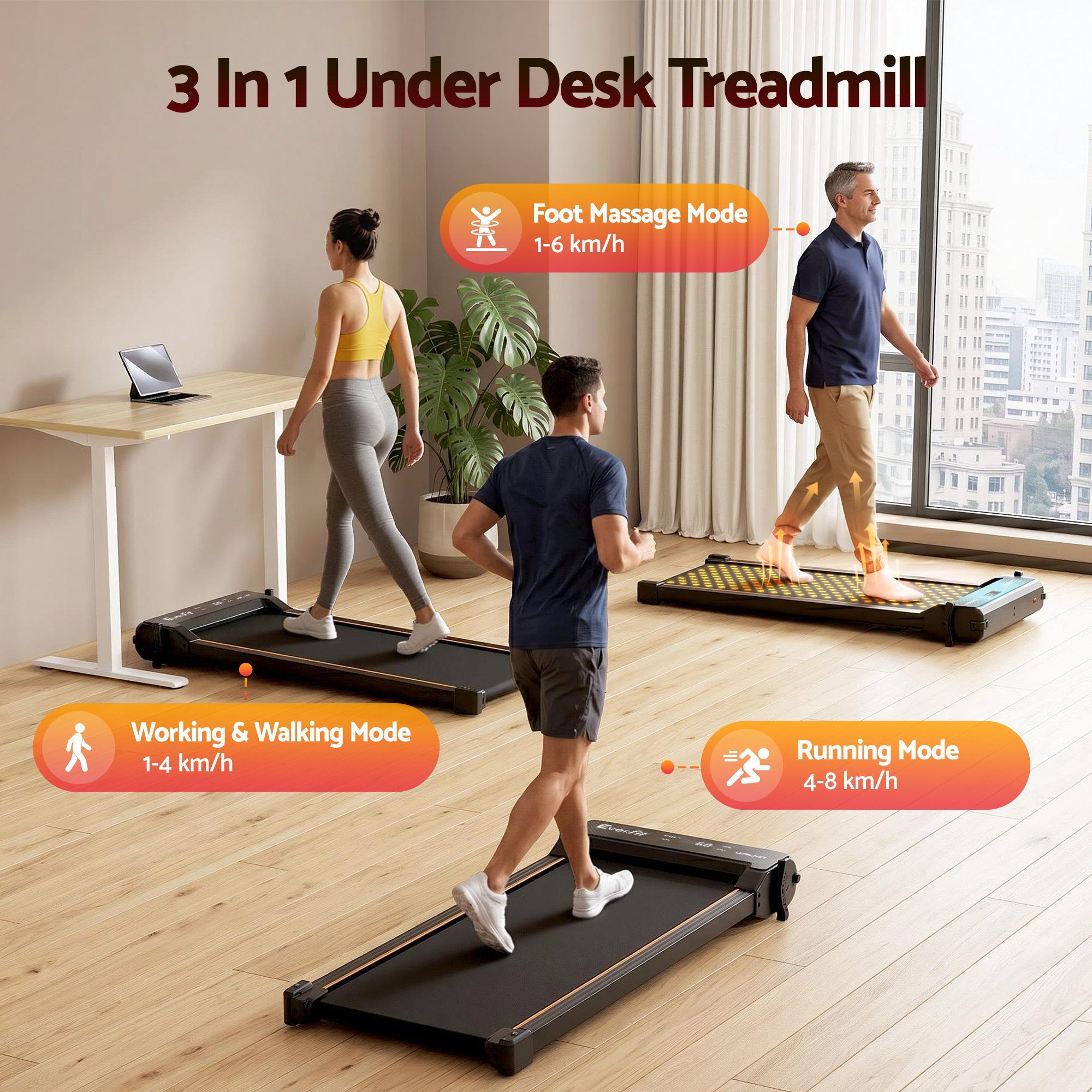 Everfit 2 in 1 Walking Pad Treadmill Dual-Sided Under Desk Treadmills with Foot Massage for Home Gym with App Control Black