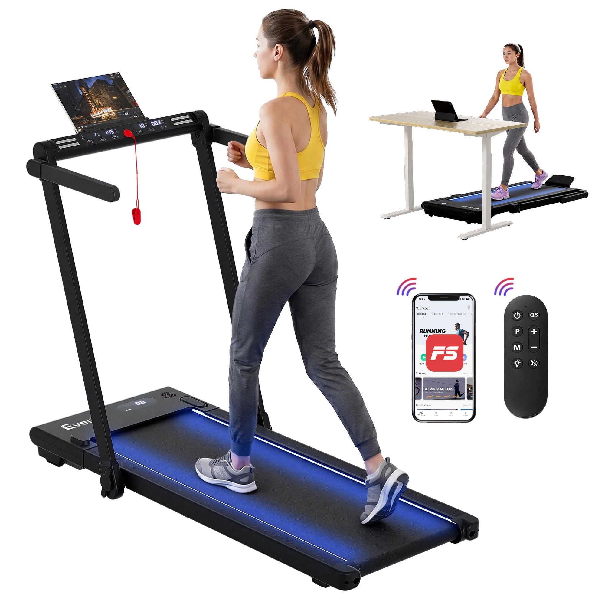 Everfit 3 in 1 Walking Pad Treadmill With Led Lights Foldable Under Desk Treadmills for Home Gym 40cm Wide Belt Black