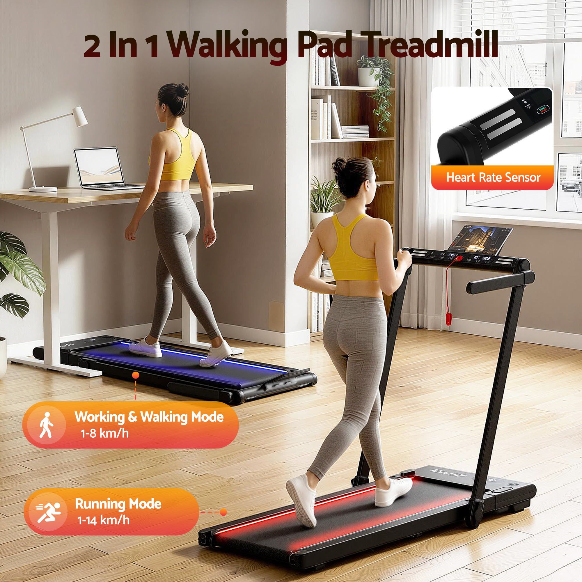 Everfit 3 in 1 Walking Pad Treadmill With Led Lights Foldable Under Desk Treadmills for Home Gym 40cm Wide Belt Black