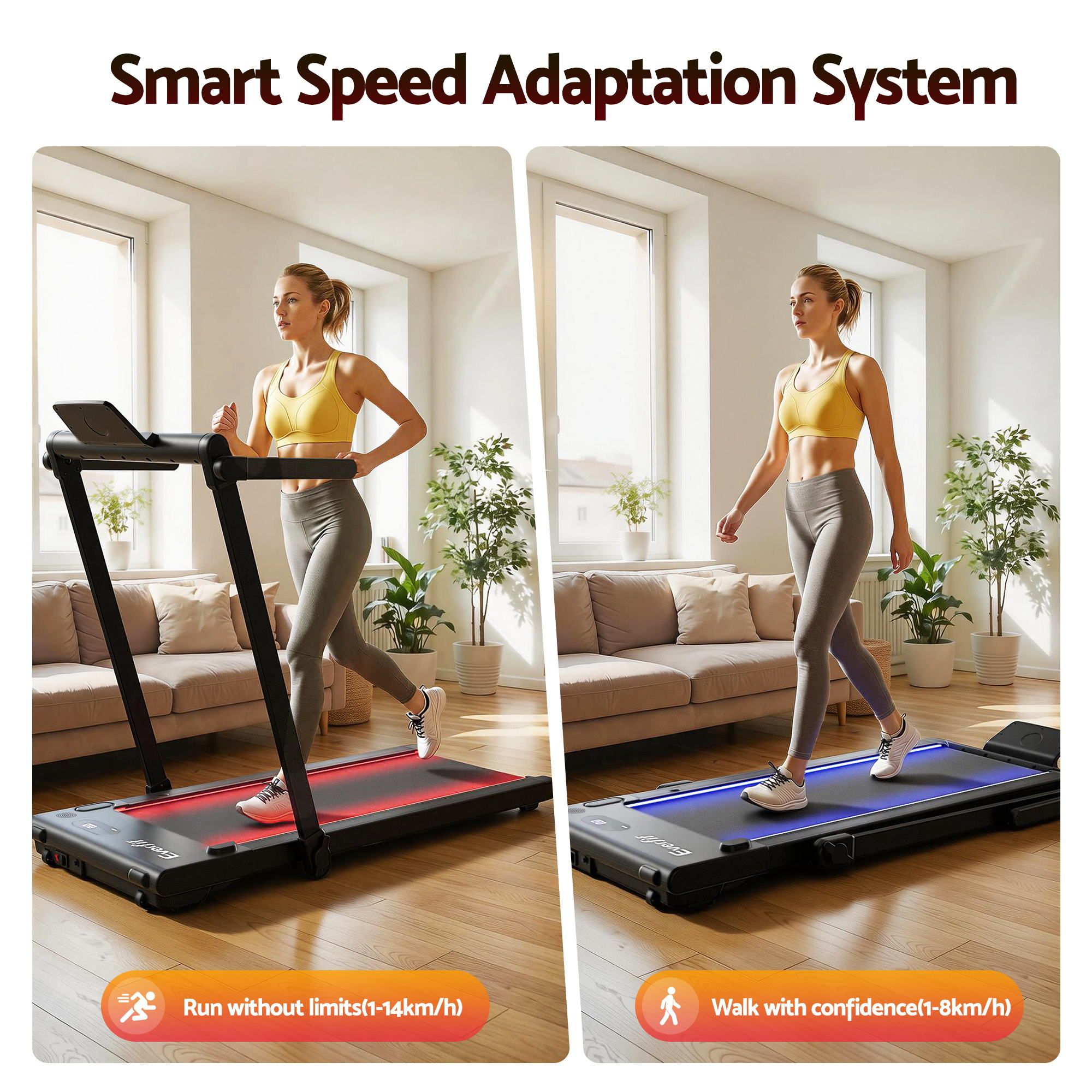 Everfit 3 in 1 Walking Pad Treadmill With Led Lights Foldable Under Desk Treadmills for Home Gym 40cm Wide Belt Black