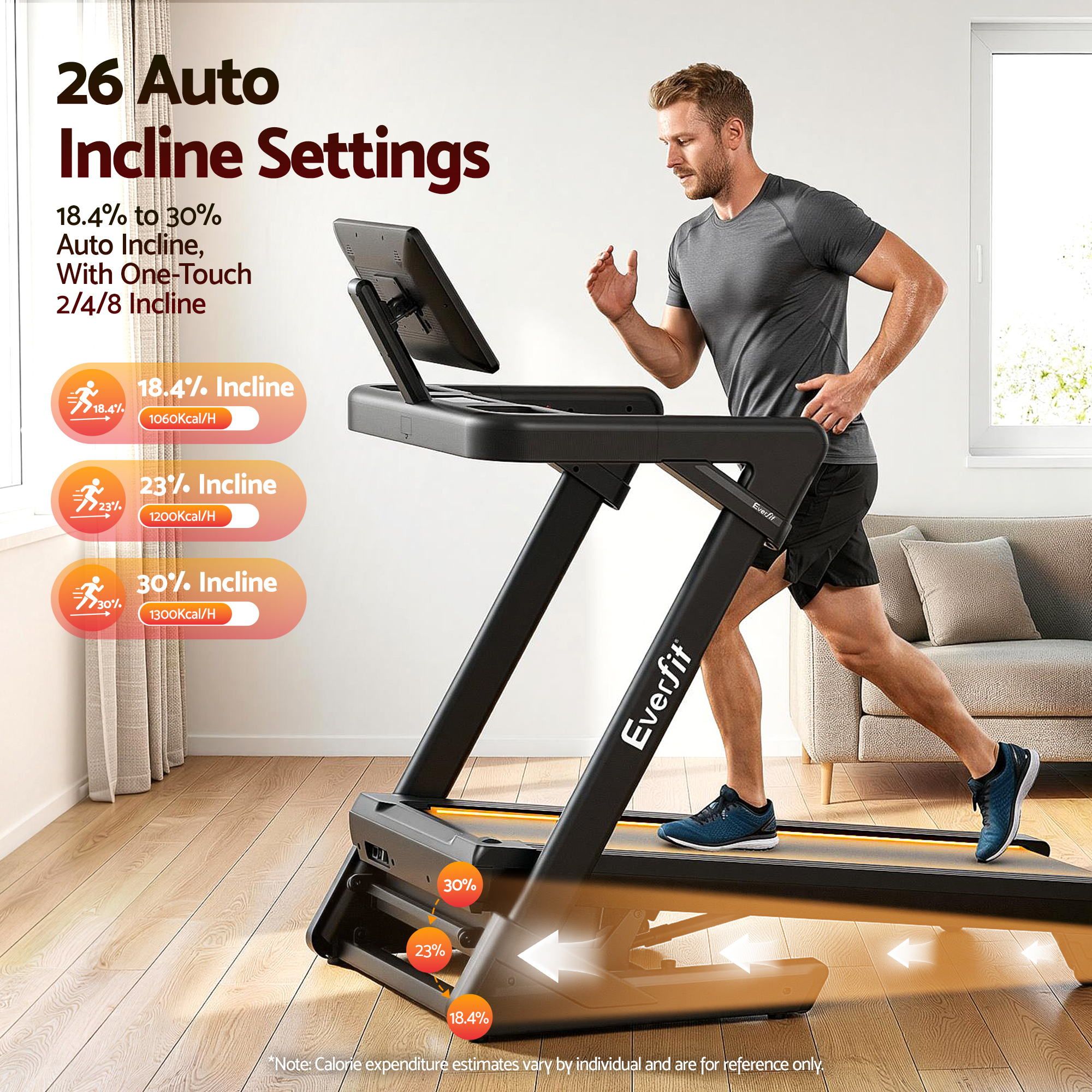 Everfit 500mm Wide Belt Treadmill 30% Auto Incline Foldable Treadmills for Home with LED Lights