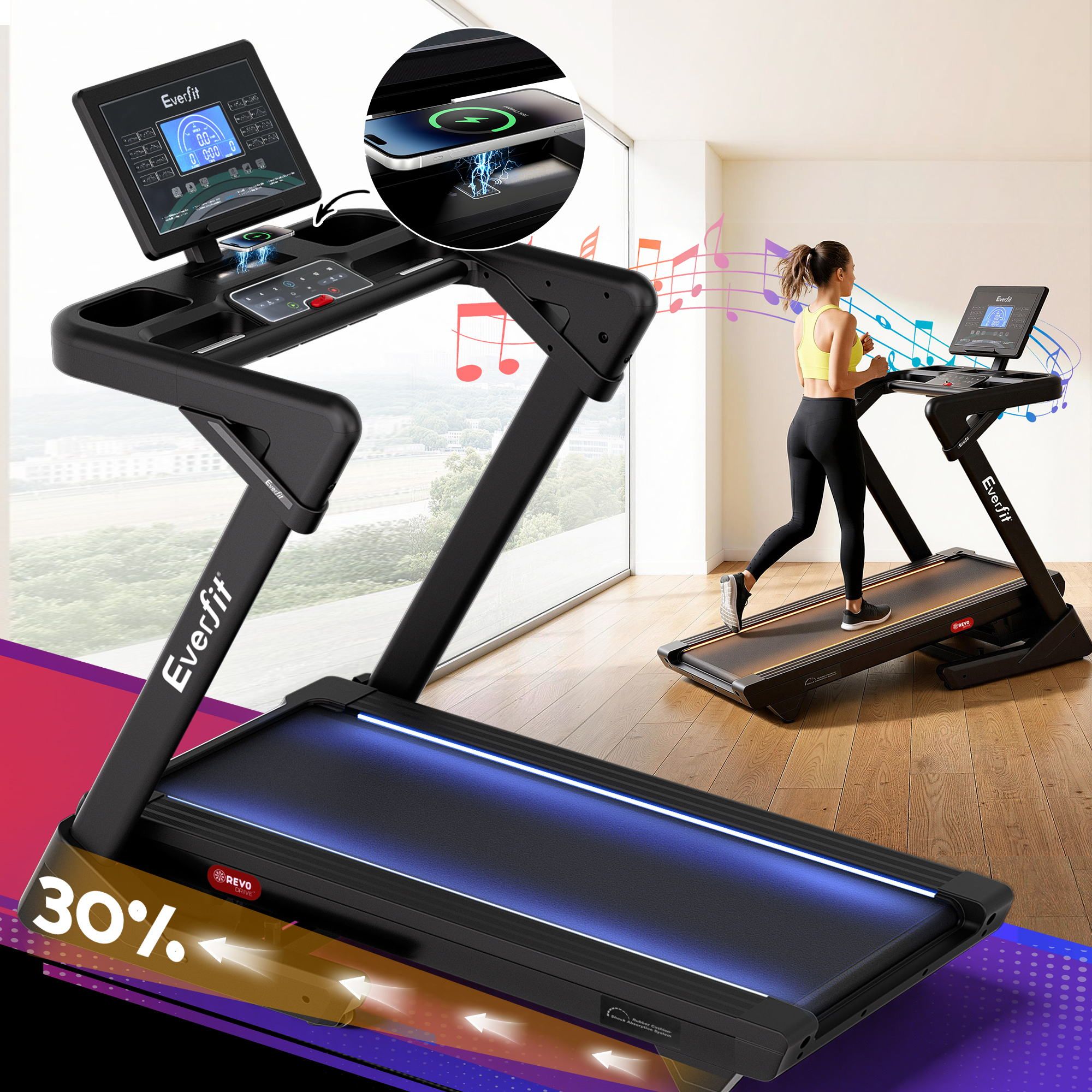 Everfit 500mm Wide Belt Treadmill 30% Auto Incline Foldable Treadmills for Home with LED Lights
