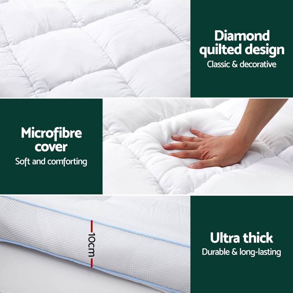 Giselle Bedding 1500GSM Bamboo Pillowtop Mattress Topper 10cm Thick Pad for Back Pain Relief, High Loft Cooling Underlay for Dorm & Guest Bed, 45cm Deep Pocket King