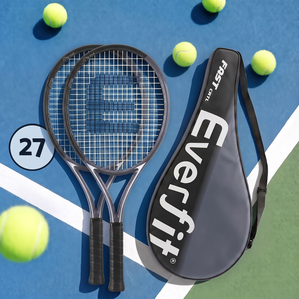Everfit Tennis Racket Set 2 Pack 27 Inch Lightweight Cushioned Grip for Adults Black