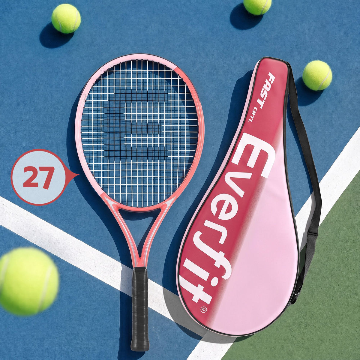 Everfit Tennis Racket Set 2 Pack 27 Inch Lightweight Cushioned Grip for Adults Pink