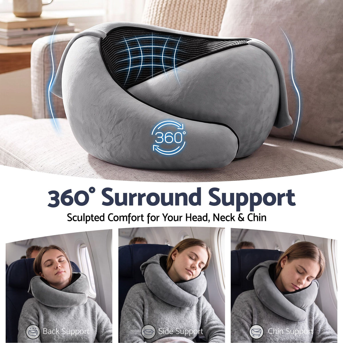 Wanderlite Hooded Travel Neck Pillow for Airplane Memory Foam with Eye Mask Earplugs, Dark Grey