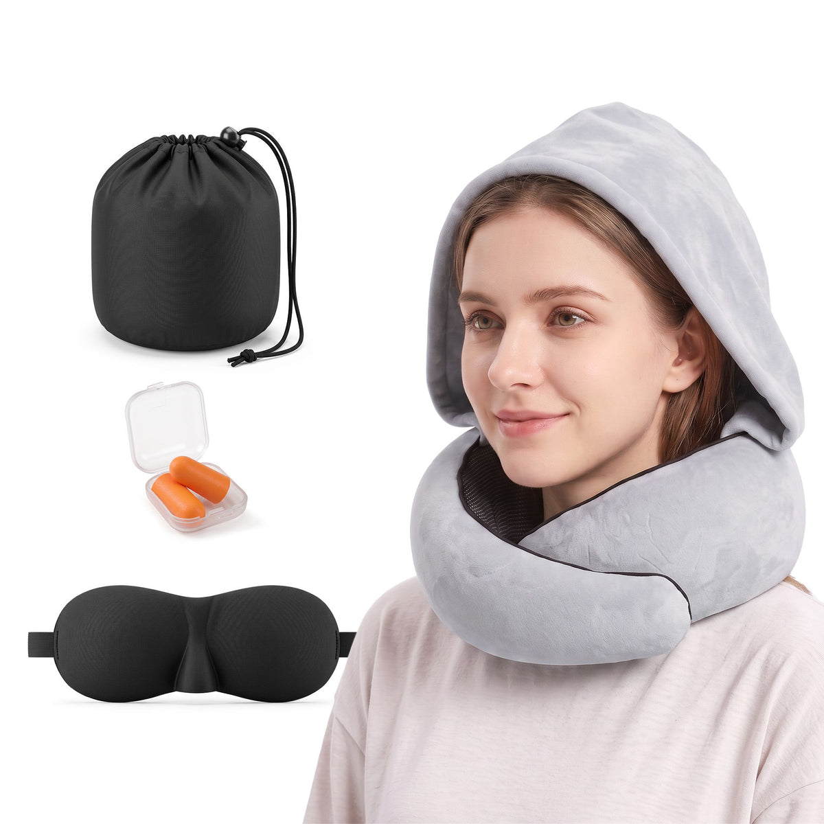 Wanderlite Hooded Travel Neck Pillow for Airplane Memory Foam with Eye Mask Earplugs, Light Grey