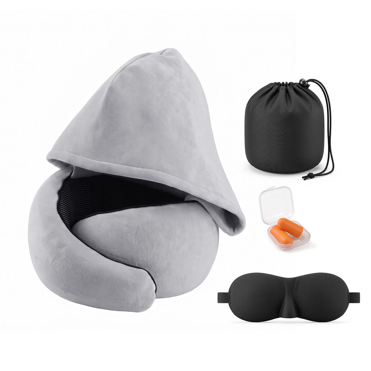 Wanderlite Hooded Travel Neck Pillow for Airplane Memory Foam with Eye Mask Earplugs, Light Grey