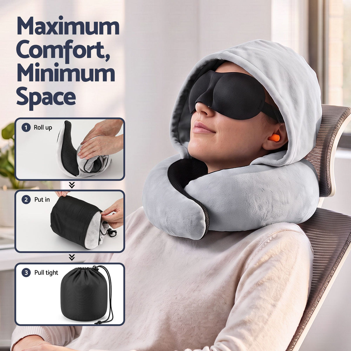 Wanderlite Hooded Travel Neck Pillow for Airplane Memory Foam with Eye Mask Earplugs, Light Grey