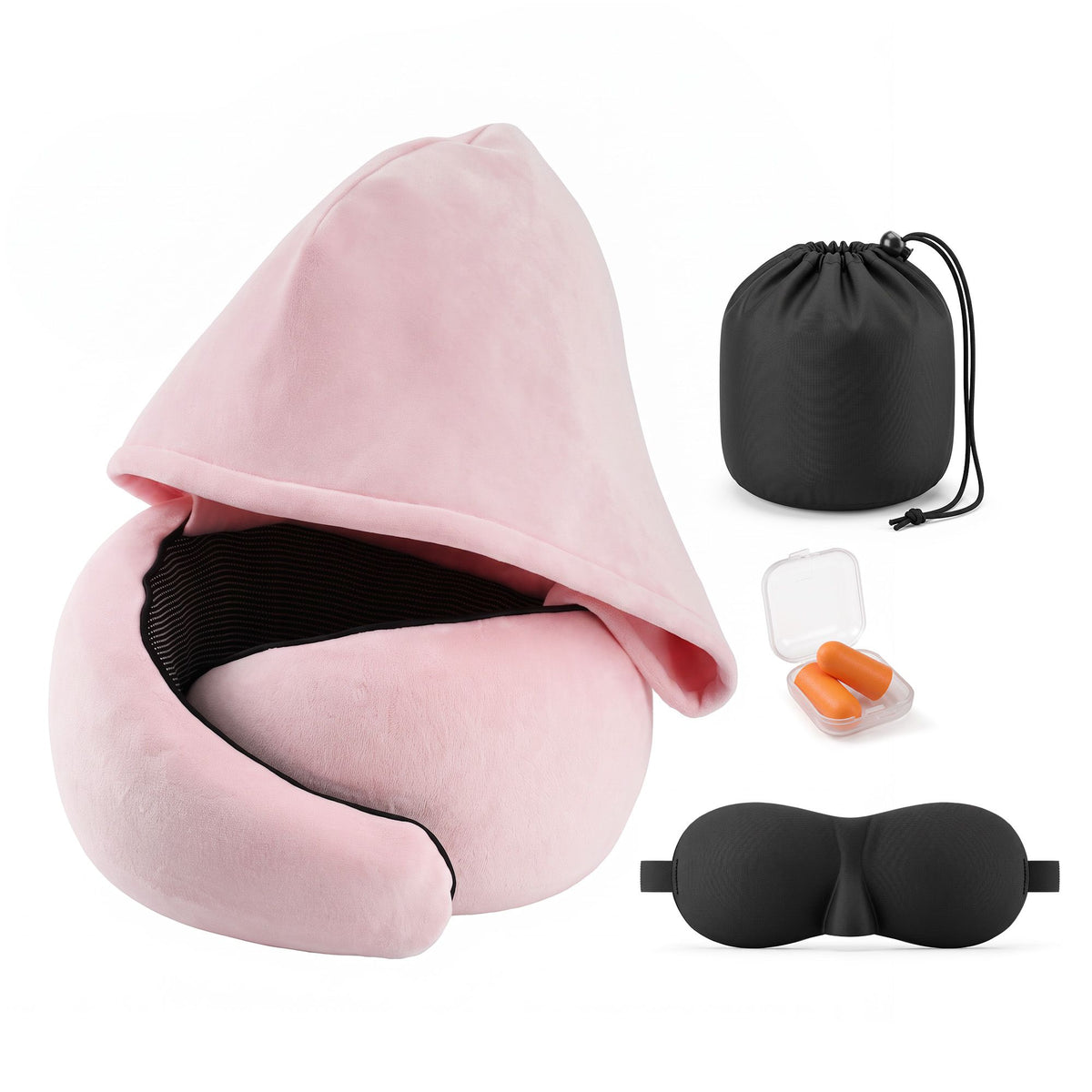 Wanderlite Hooded Travel Neck Pillow for Airplane Memory Foam with Eye Mask Earplugs, Pink