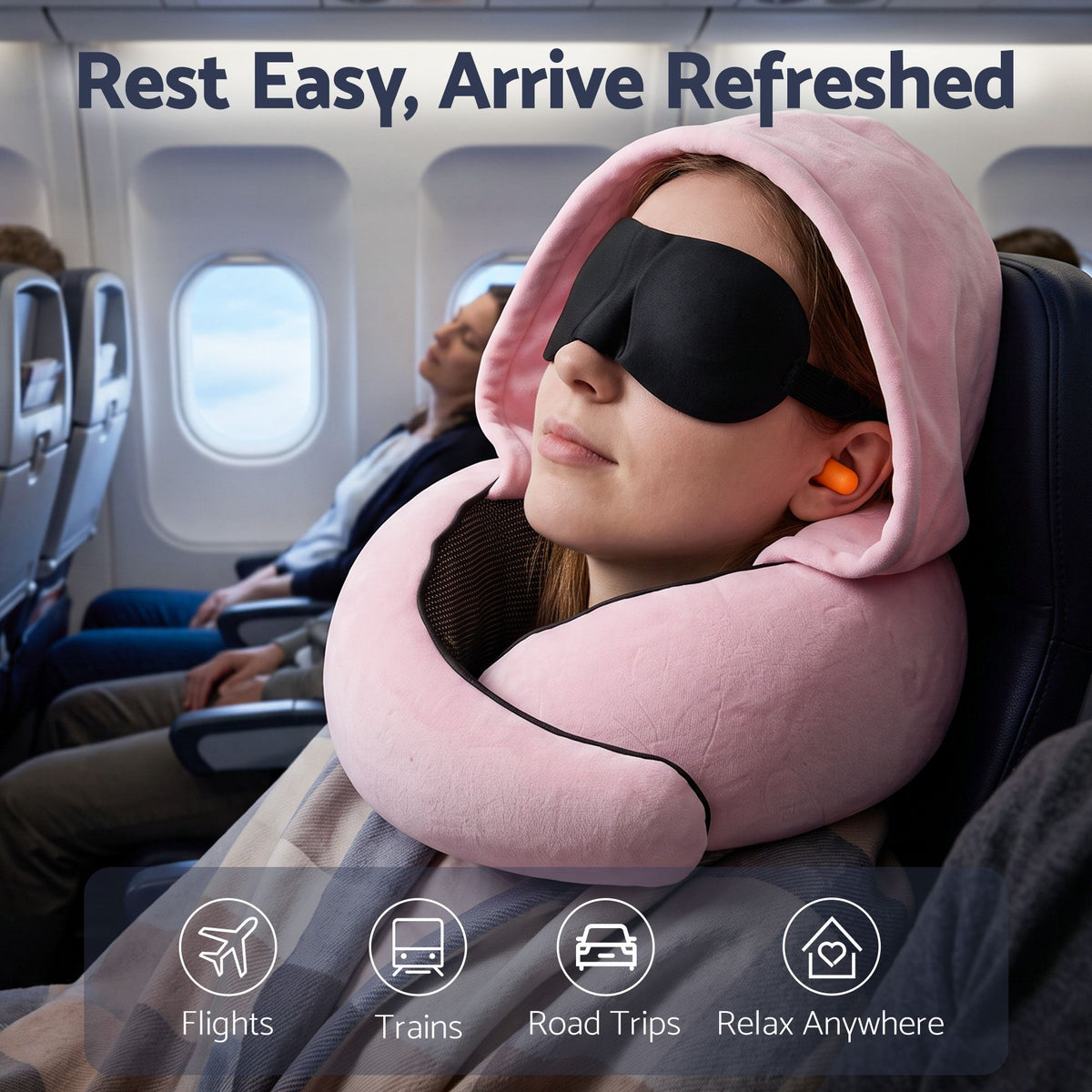 Wanderlite Hooded Travel Neck Pillow for Airplane Memory Foam with Eye Mask Earplugs, Pink