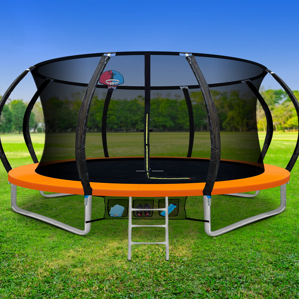 Trampolines & Accessories: 14ft Trampoline Everfit Kids Trampoline Rebounder w/ Ladder Basketball Hoop Orange