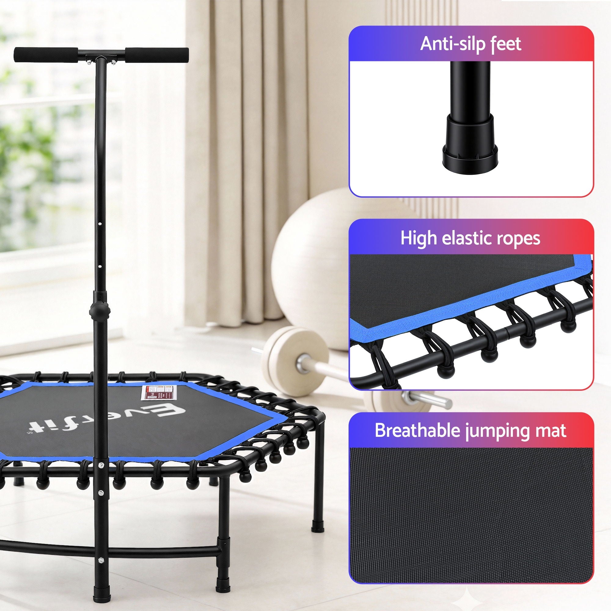 Trampolines & Accessories: Everfit 48inch Hexagon Fitness Trampoline Rebounder Adjustable Handrail Blue