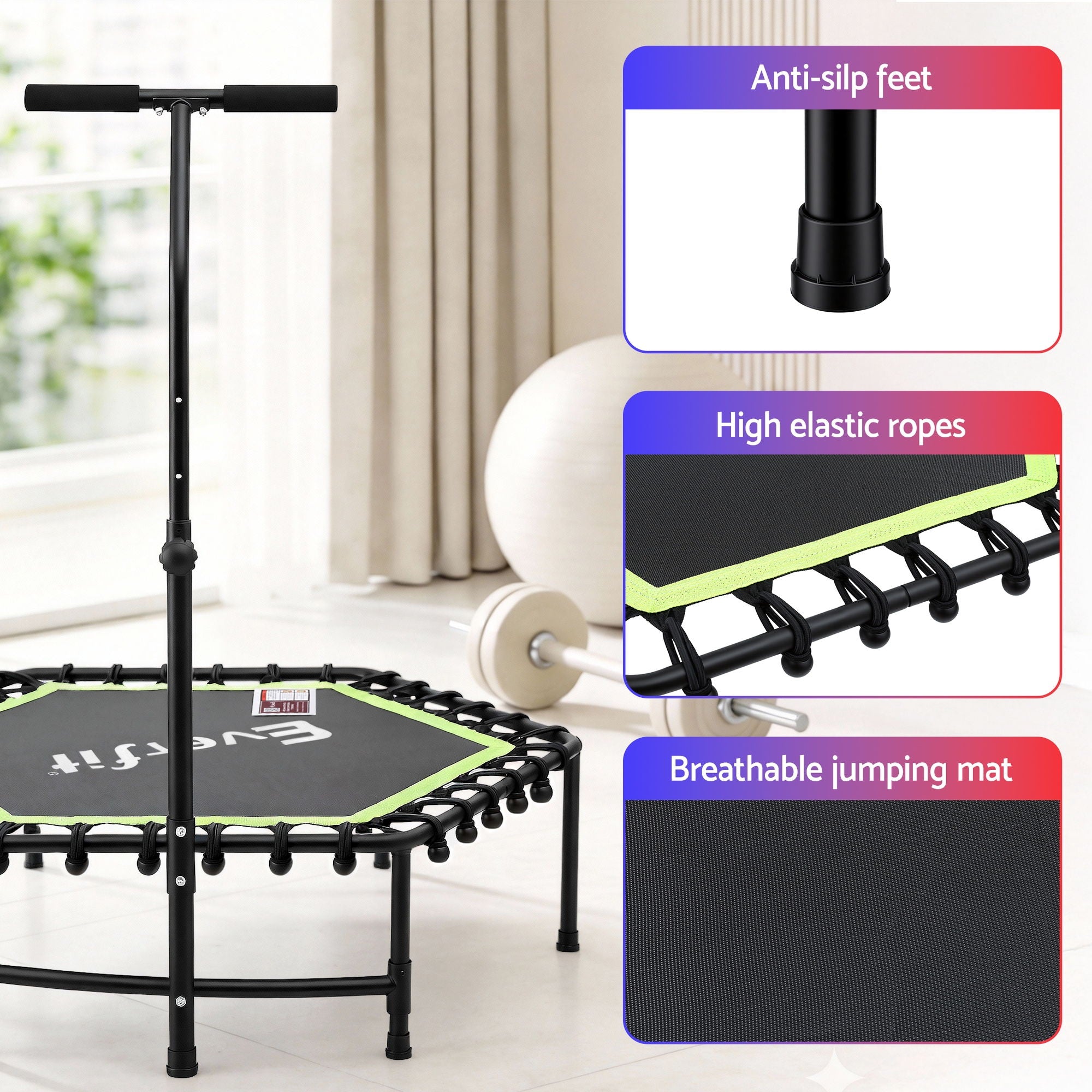Trampolines & Accessories: Everfit 48inch Hexagon Fitness Trampoline Rebounder Adjustable Handrail Green
