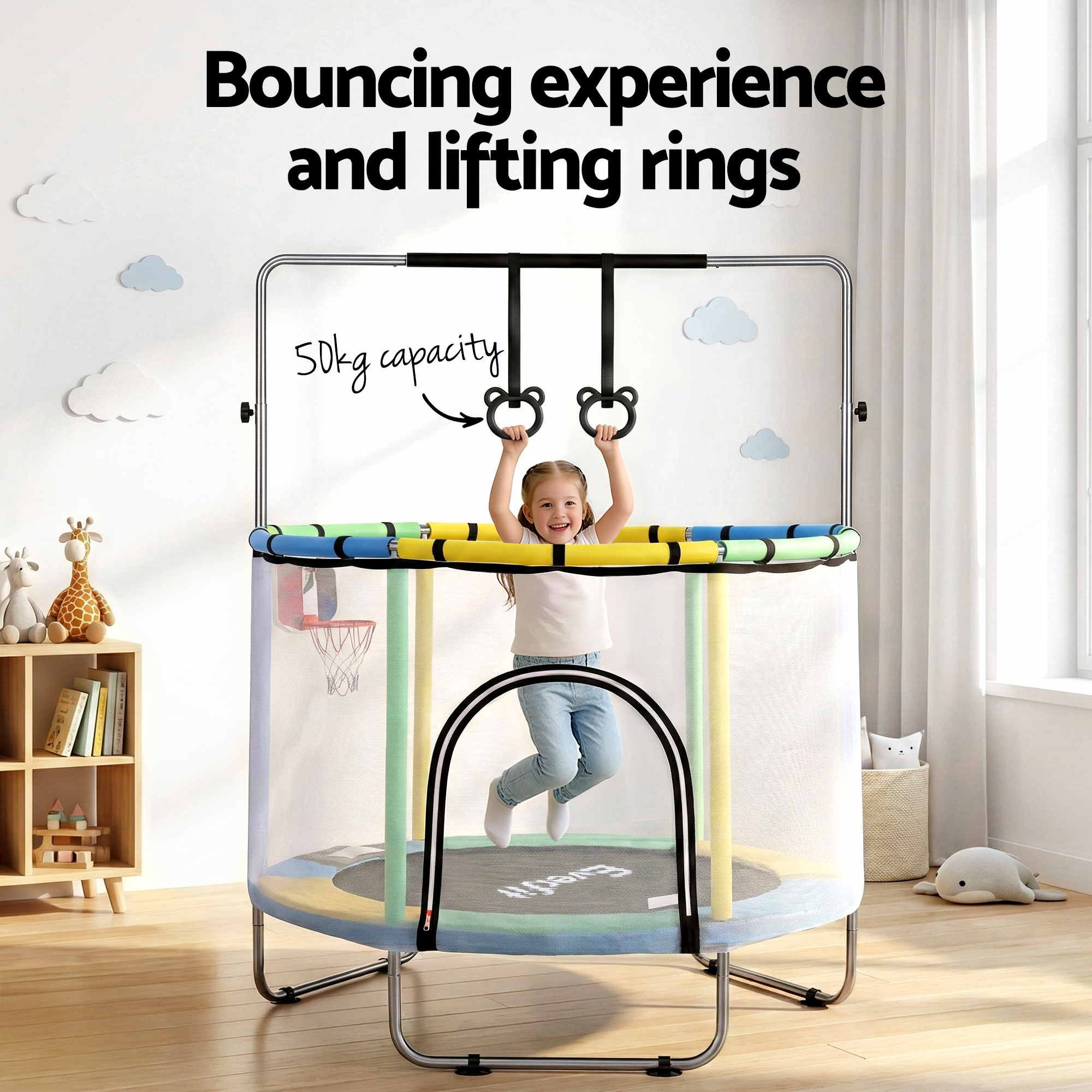 Trampolines & Accessories: Everfit 55inch Trampoline Kids Rebounder with Basketball Set Sandbag Boxing Game