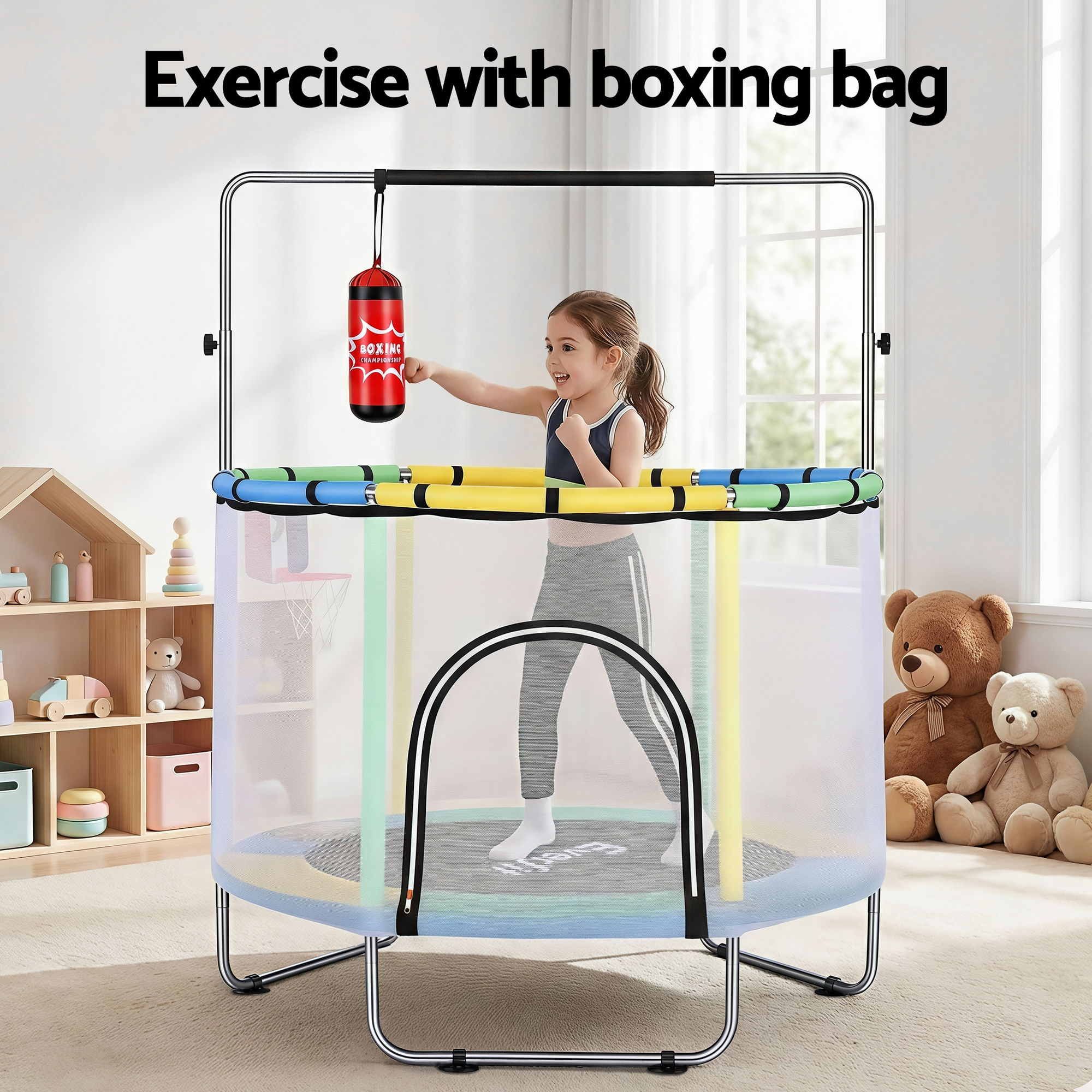 Trampolines & Accessories: Everfit 55inch Trampoline Kids Rebounder with Basketball Set Sandbag Boxing Game