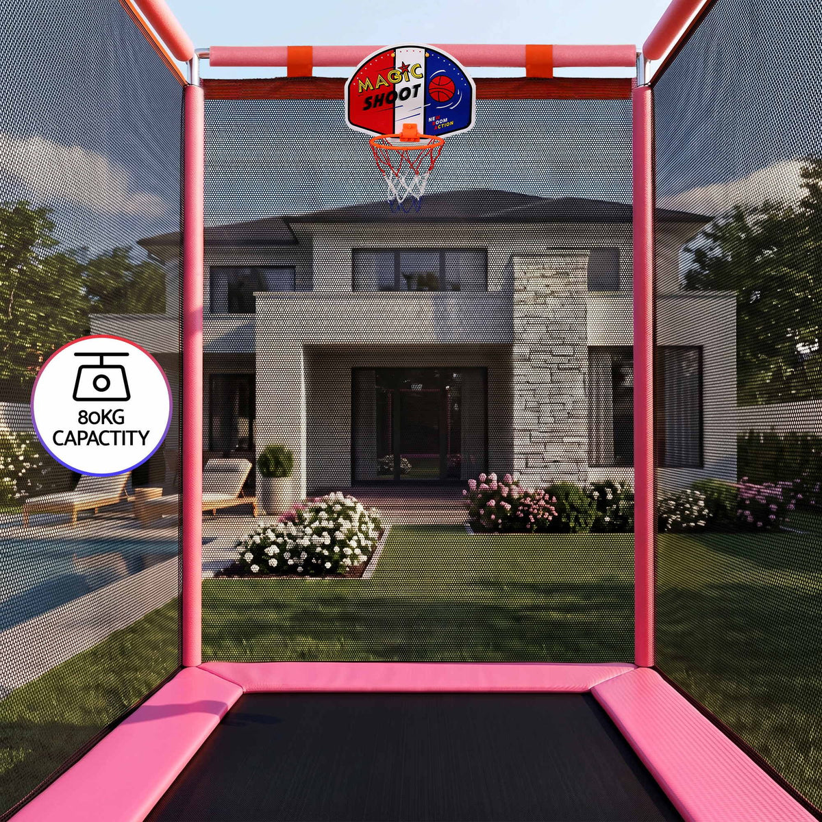 Everfit Kids 4.5FT Trampoline Rectangle Rebounder with Basketball Hoop Pink