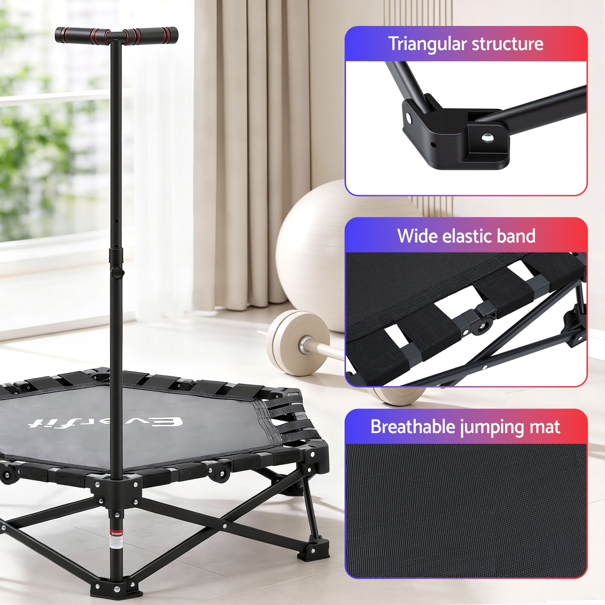 Trampolines & Accessories: Everfit Fitness Foldable Trampoline Rebounder Adjustable Handle Indoor Exercise Black
