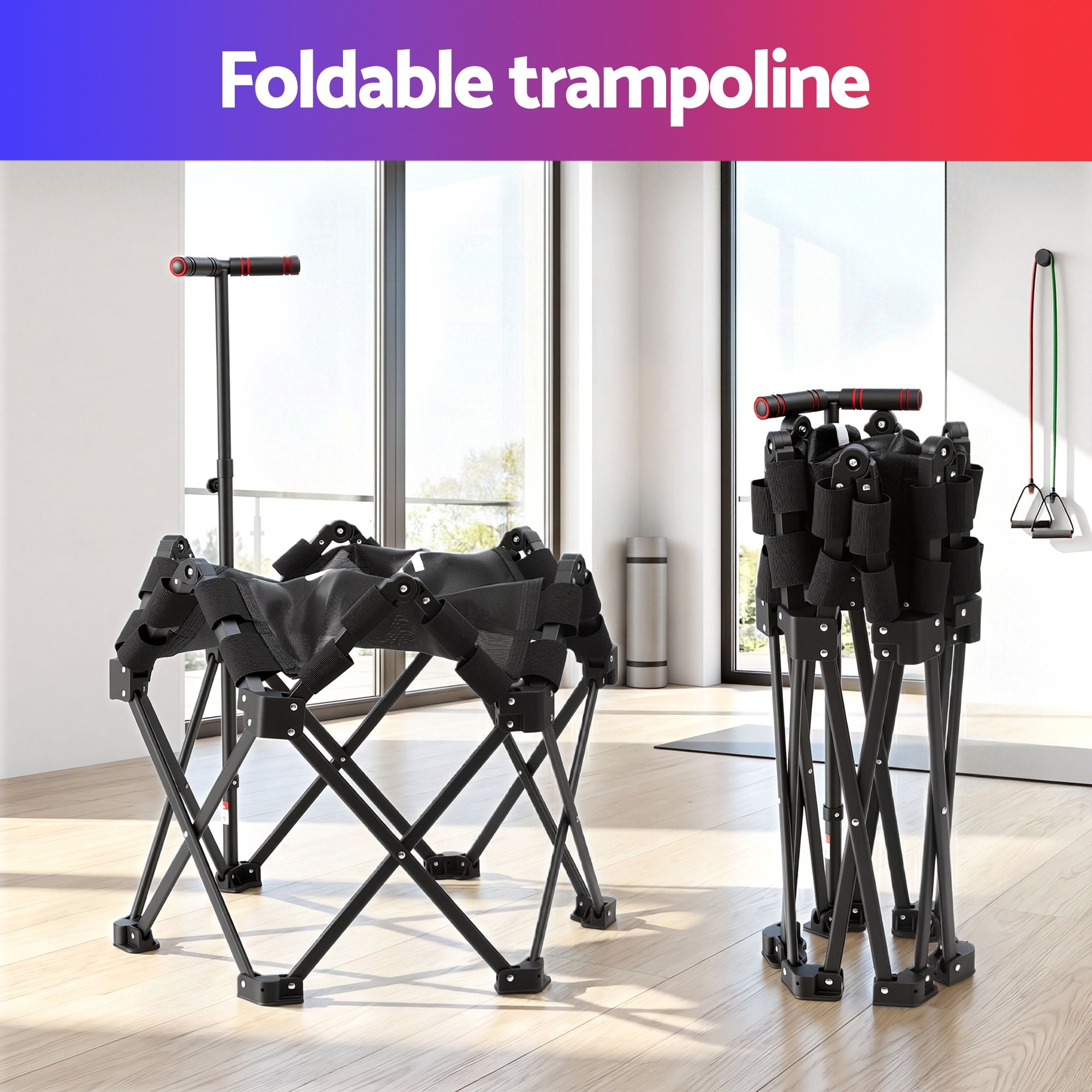 Trampolines & Accessories: Everfit Fitness Foldable Trampoline Rebounder Adjustable Handle Indoor Exercise Black