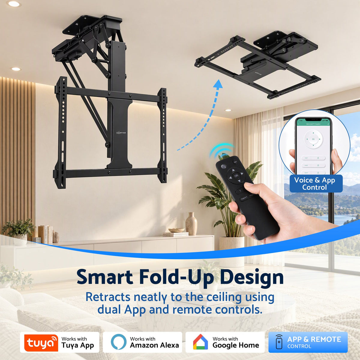 Artiss Motorised Ceiling TV Mount 32-75 Inch Flip Down Smart Remote VESA 600x400
