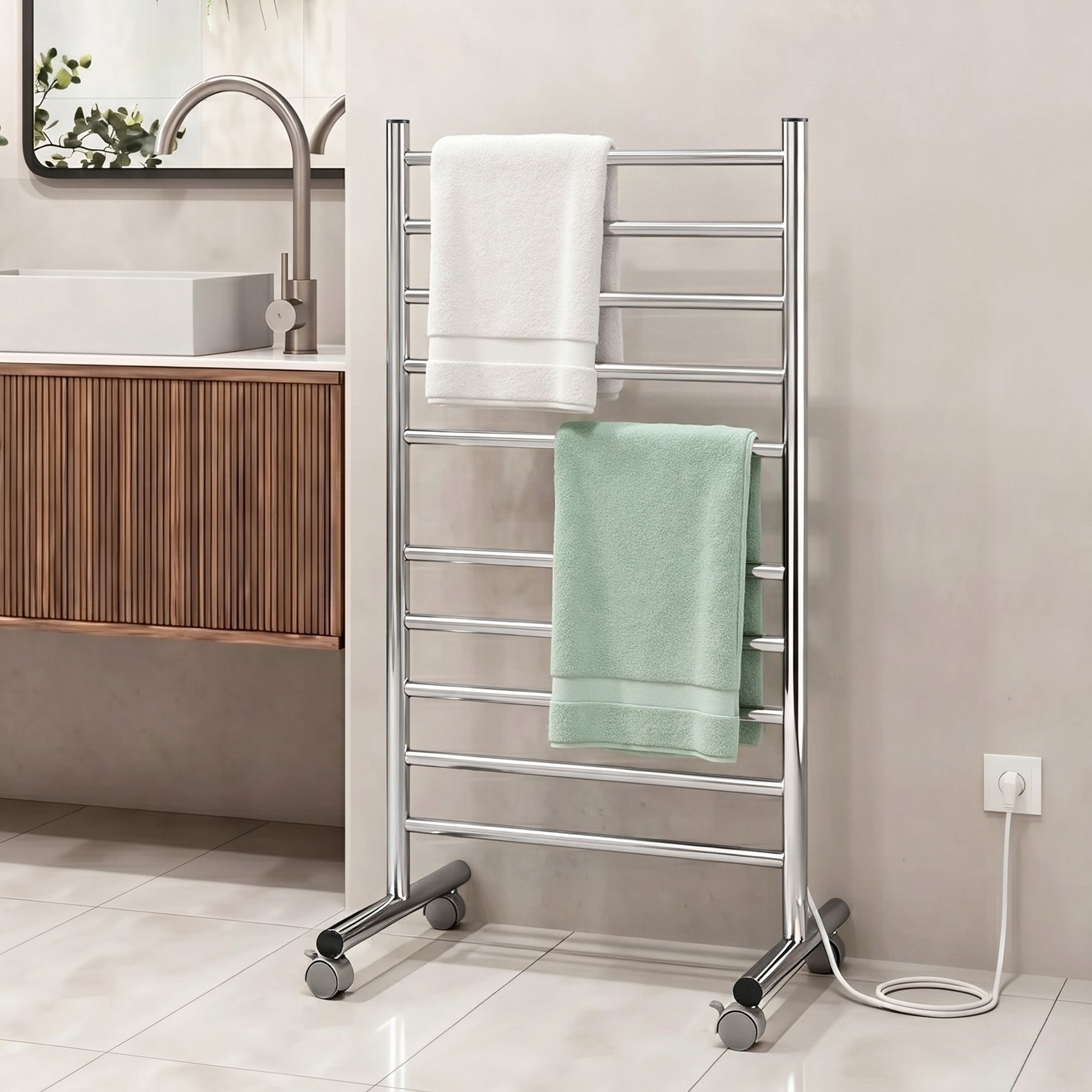 Devanti 10-Bar Freestanding Heated Towel Rail 3-5 Mins Fast Heating Electric Towel Warmer for Bathroom Winter Drying Stainless Steel Plug In 100W