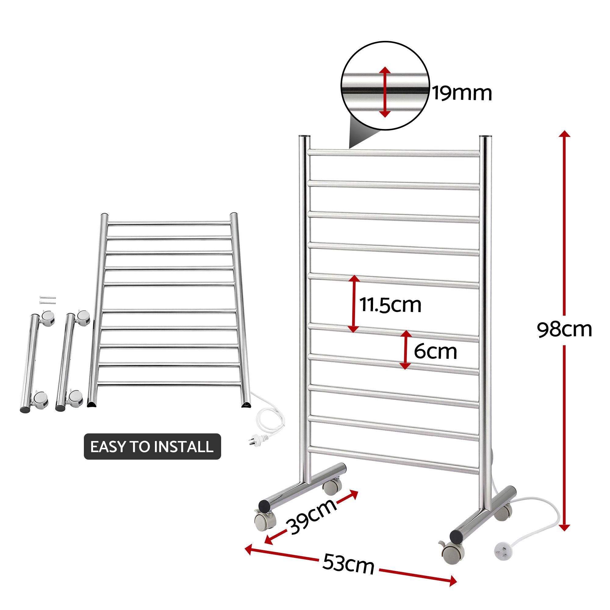 Devanti 10-Bar Freestanding Heated Towel Rail 3-5 Mins Fast Heating Electric Towel Warmer for Bathroom Winter Drying Stainless Steel Plug In 100W