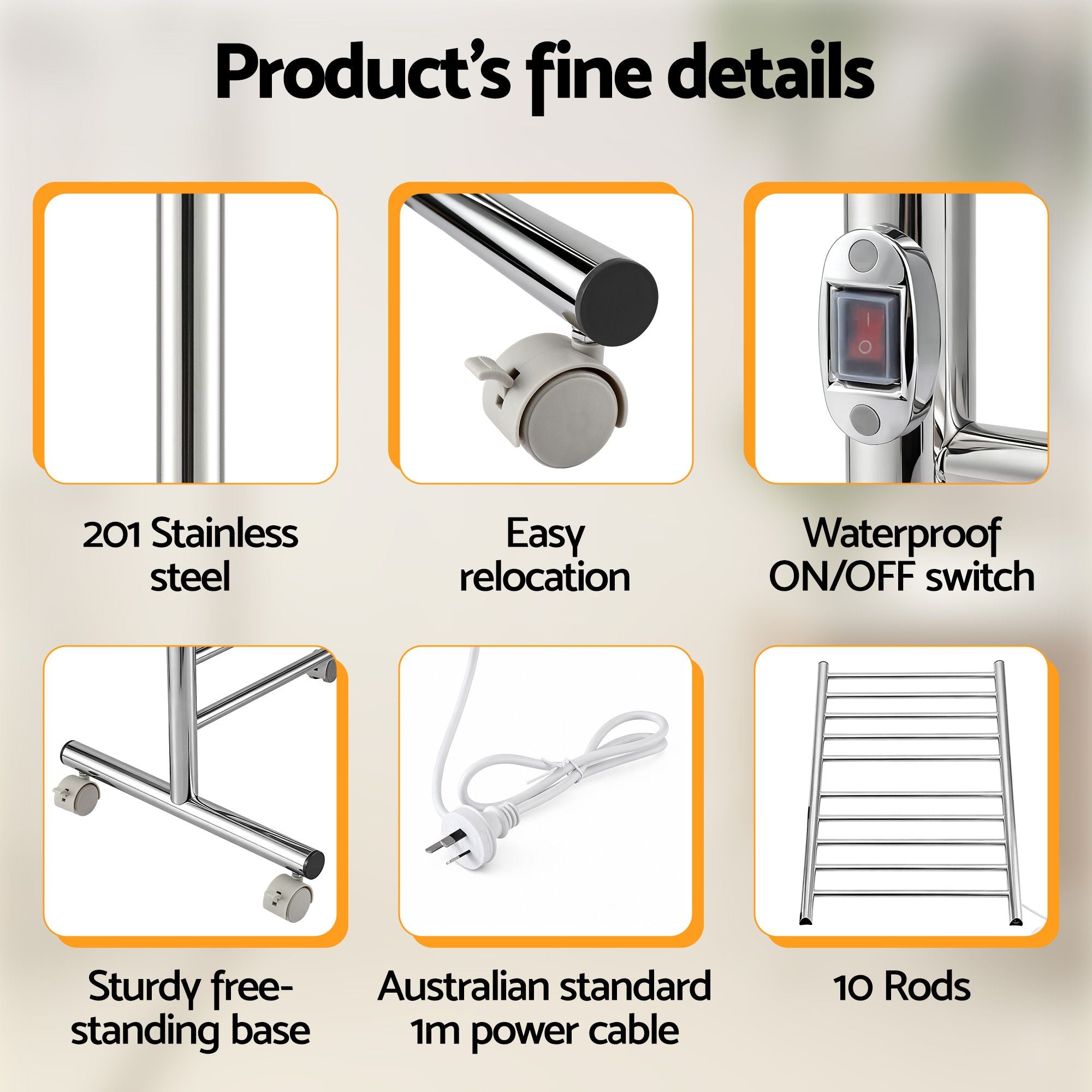 Devanti 10-Bar Freestanding Heated Towel Rail 3-5 Mins Fast Heating Electric Towel Warmer for Bathroom Winter Drying Stainless Steel Plug In 100W