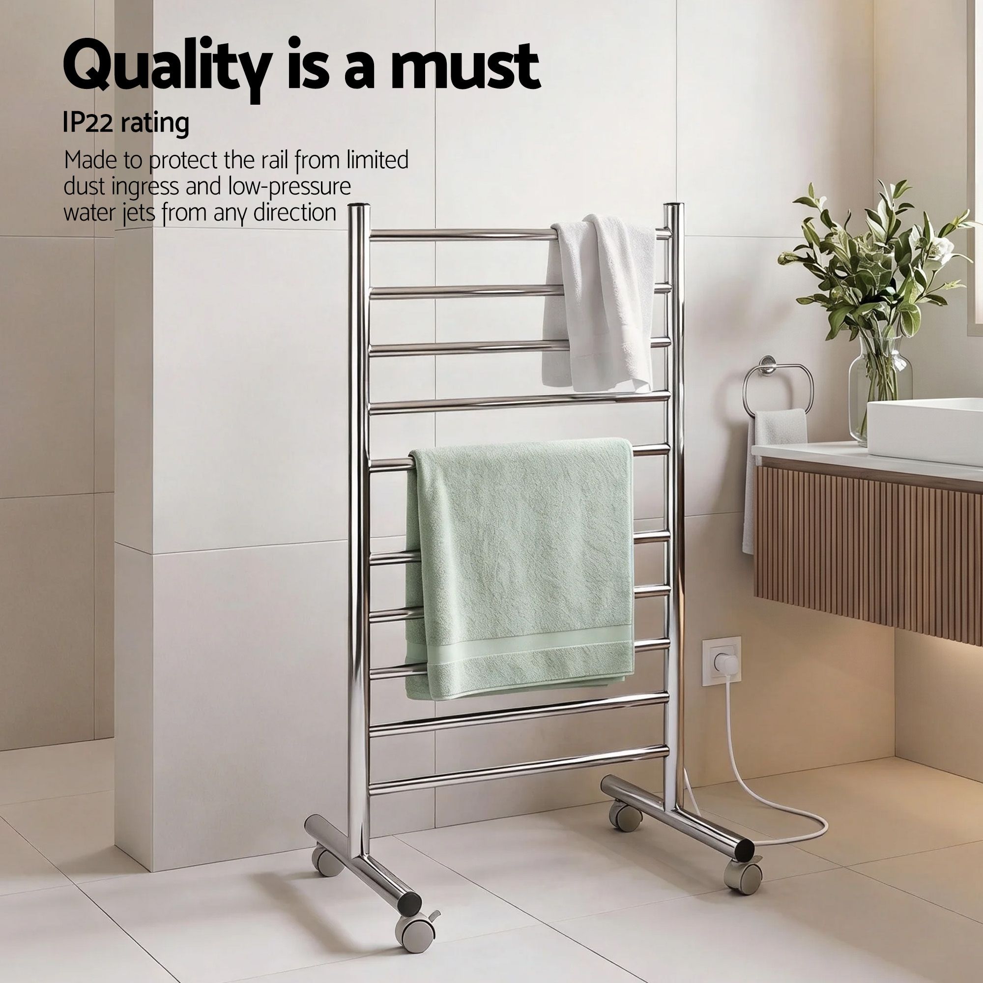 Devanti 10-Bar Freestanding Heated Towel Rail 3-5 Mins Fast Heating Electric Towel Warmer for Bathroom Winter Drying Stainless Steel Plug In 100W