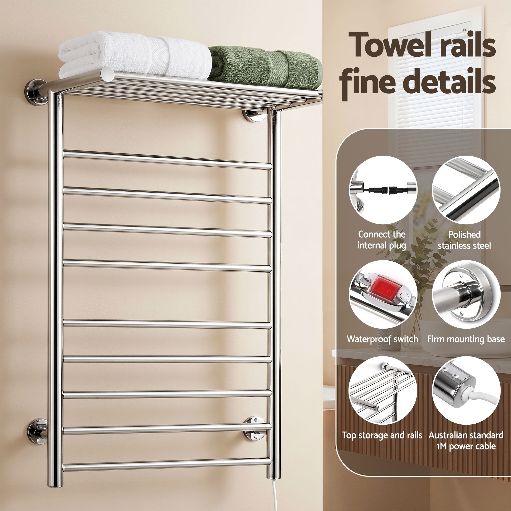 Drying Racks & Hangers: Devanti Electric Heated Towel Rail Rack 14 Bars Wall Mounted Clothes Dry Warmer