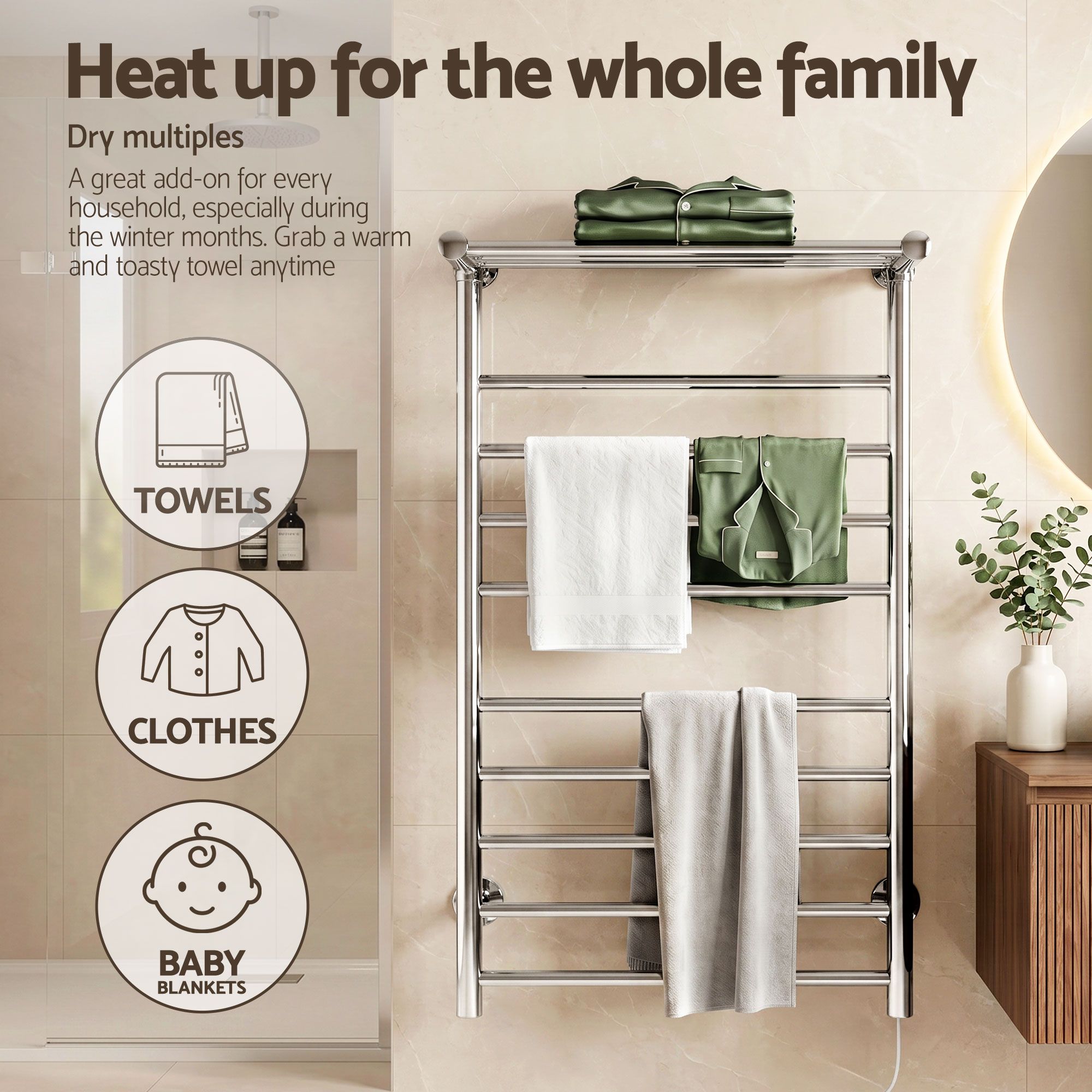 Drying Racks & Hangers: Devanti Electric Heated Towel Rail Rack 14 Bars Wall Mounted Clothes Dry Warmer