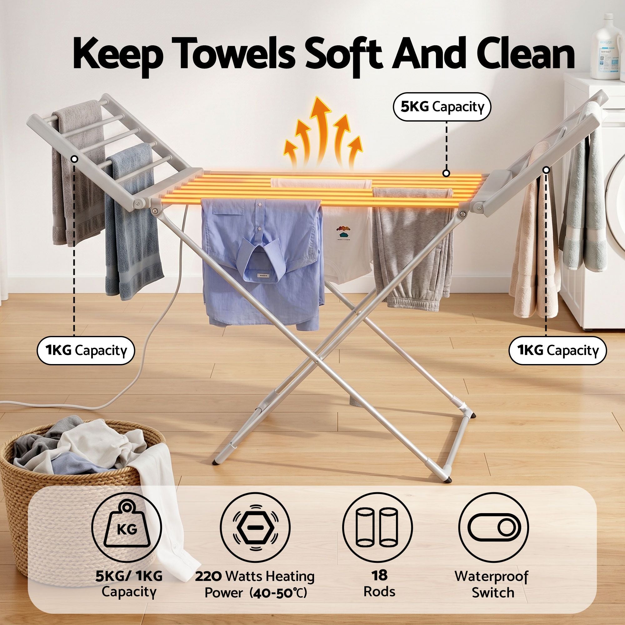Drying Racks & Hangers: Devanti Electric Heated Towel Rail Rack 18 Bars Freestanding Clothes Dry Warmer