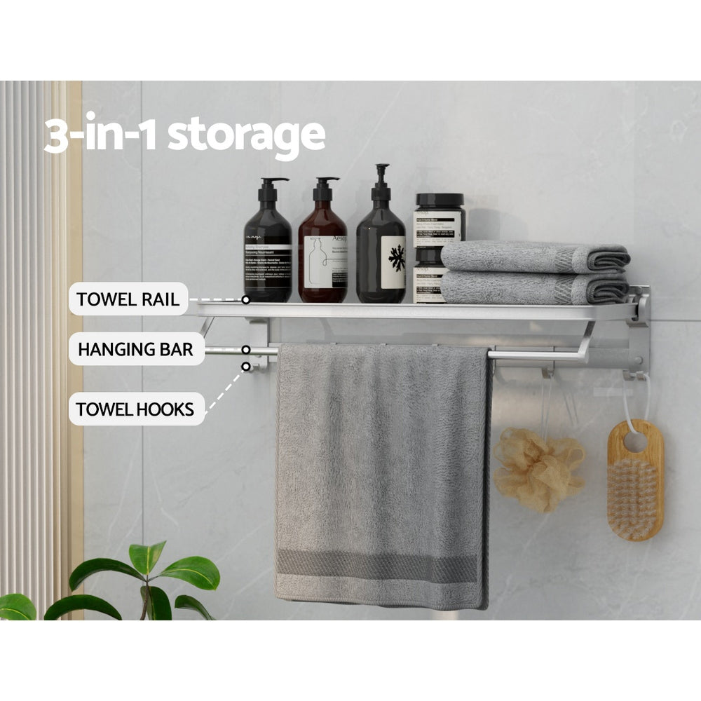 Towel Racks & Holders: Towel Rail Rack Holder 4 Bars Wall Mounted Aluminium Foldable Hanging Hook