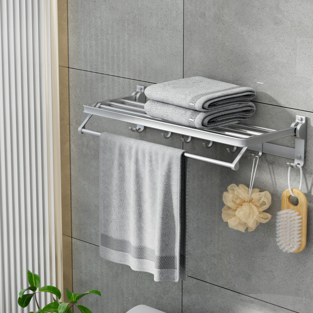 Towel Racks & Holders: Towel Rail Rack Holder 4 Bars Wall Mounted Aluminium Foldable Hanging Hook