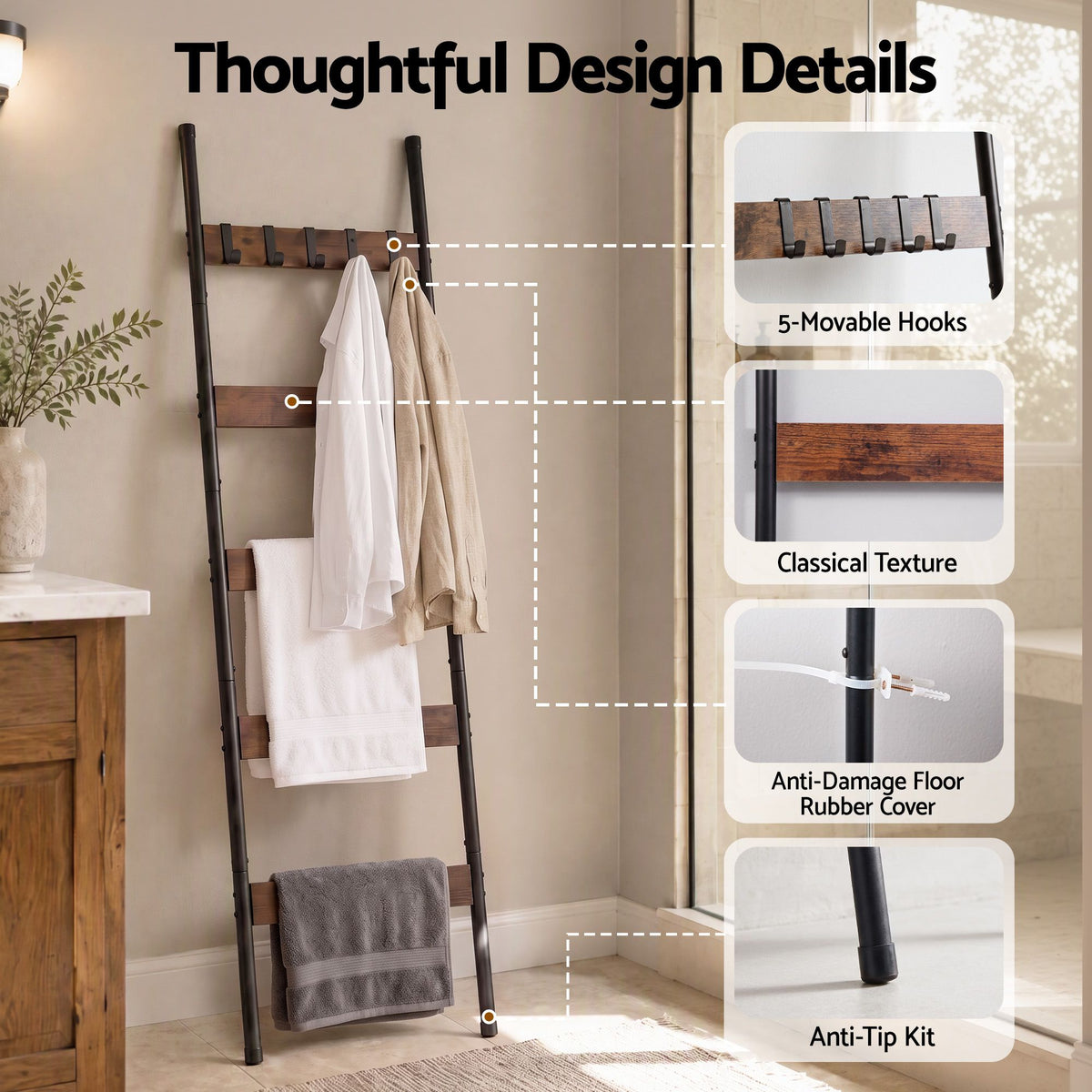 Devanti 5-Tier Blanket Ladder with Anti-Tip Kit, Towel Rack for Bathroom, Quilt Rack with 5 Hooks for Clothes and Bags, Black Metal and Rustic Wood Leaning Ladder Shelf, 44x160cm