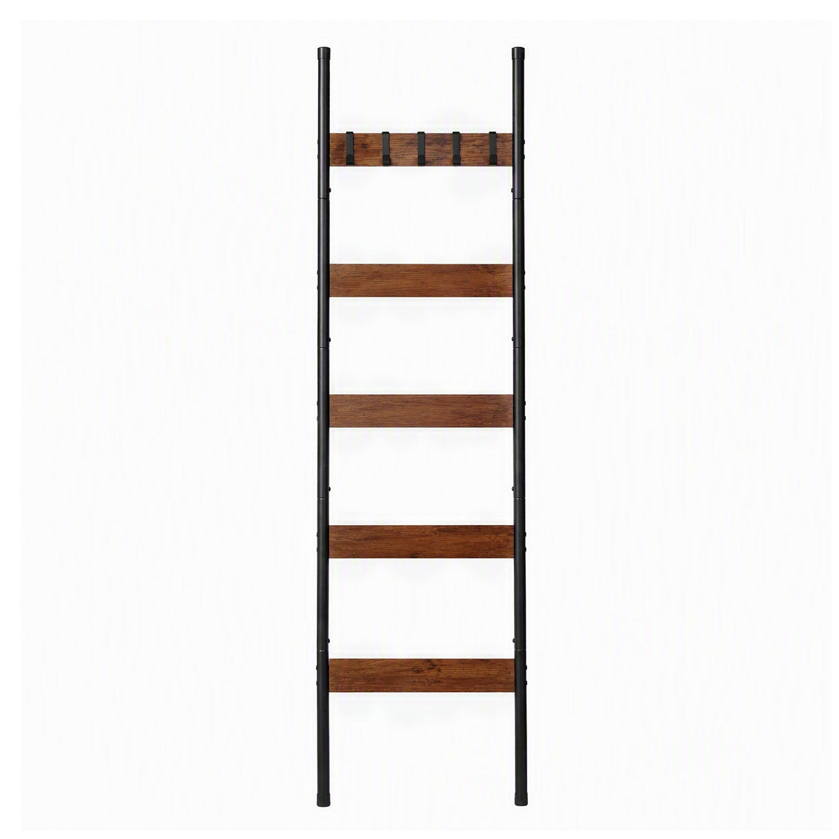Devanti 5-Tier Blanket Ladder with Anti-Tip Kit, Towel Rack for Bathroom, Quilt Rack with 5 Hooks for Clothes and Bags, Black Metal and Rustic Wood Leaning Ladder Shelf, 44x160cm