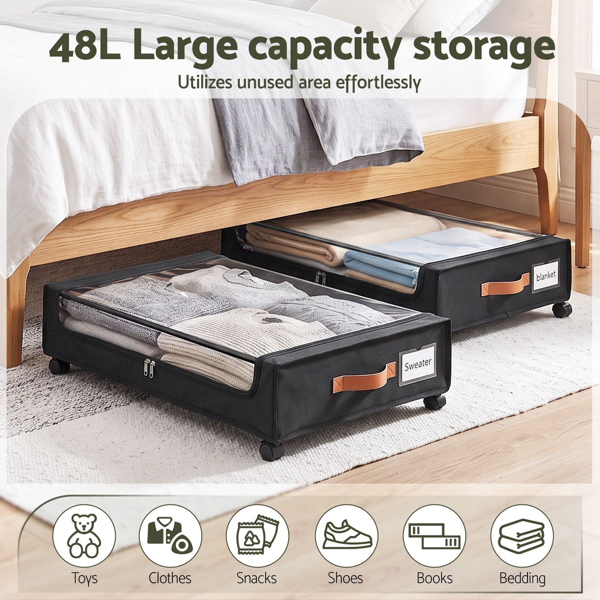 Artiss 4X Under Bed Storage Containers 48L Clothes Organiser Wheels Oxford Black
