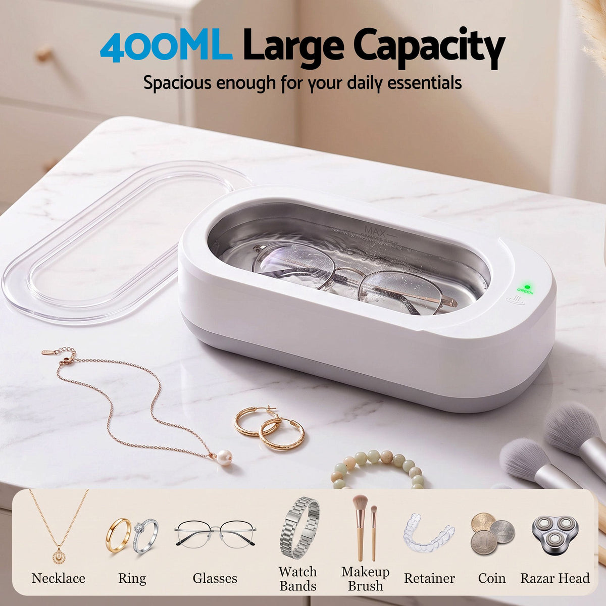 Devanti Ultrasonic Jewellery Cleaner 46kHz 400ml Cleaning Machine with Stainless Steel Tank White