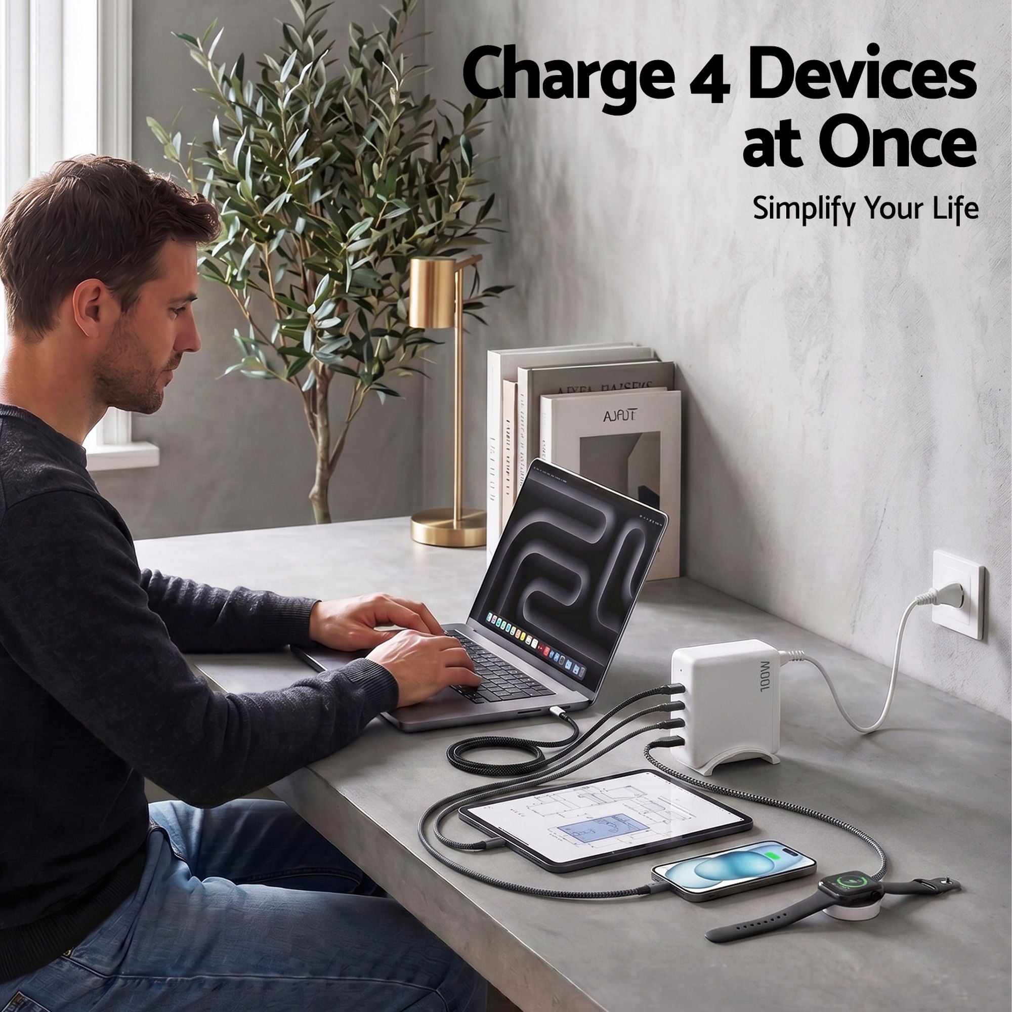 Devanti USB C Charger 100W Fast Charger 4 Port GaN Desktop Station White
